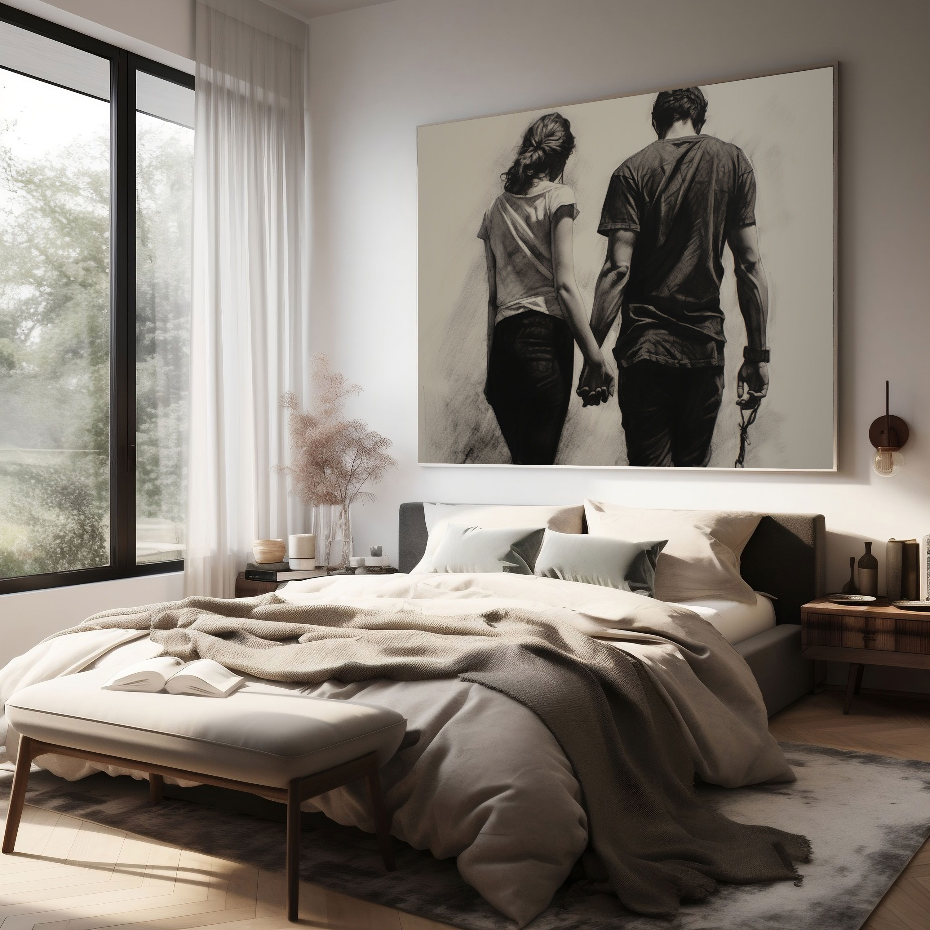 Romantic Hand In Hand Charcoal Print - Romantic, Wall Art, Connection, Canvas Wall Art