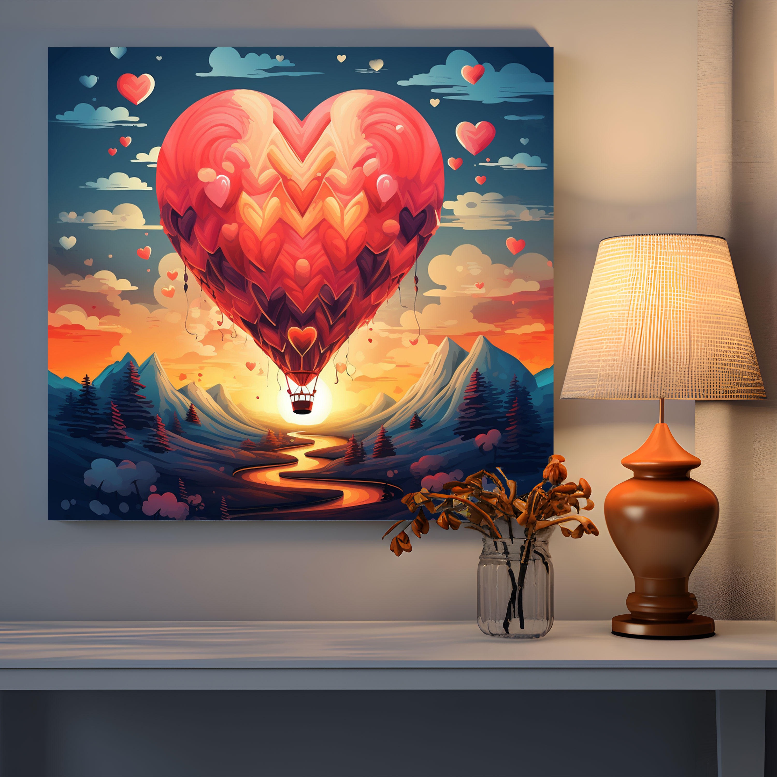 Romantik Sıcak Hava Balonu Duvar Sanatı - Romantik Sıcak Hava Balonu Macera Kanvas Tablo Sanatı
