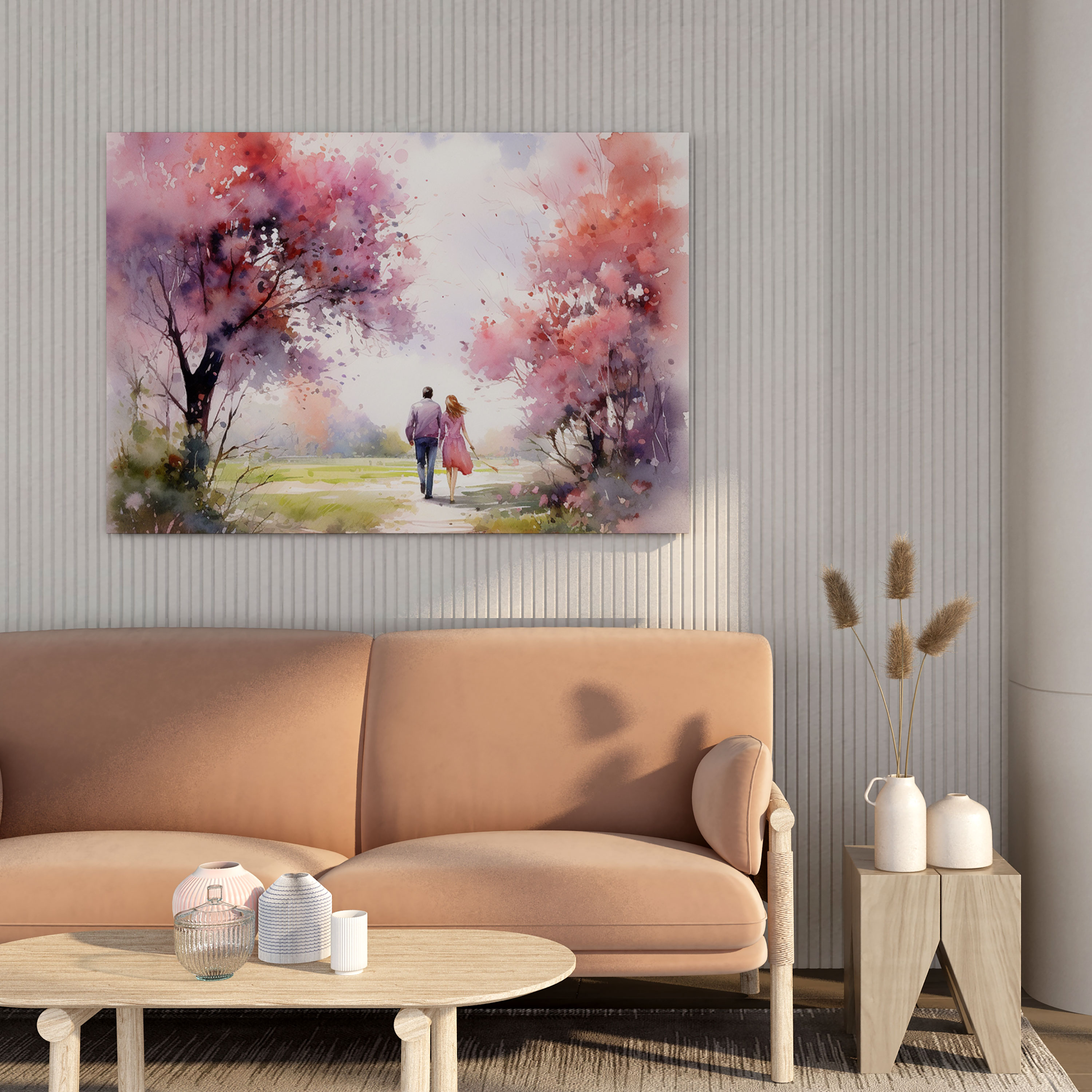 Romantik Çiçeklenen Yol Kanvas Tablo - Romantik Duvar Dekorasyonu Suluboya Çift