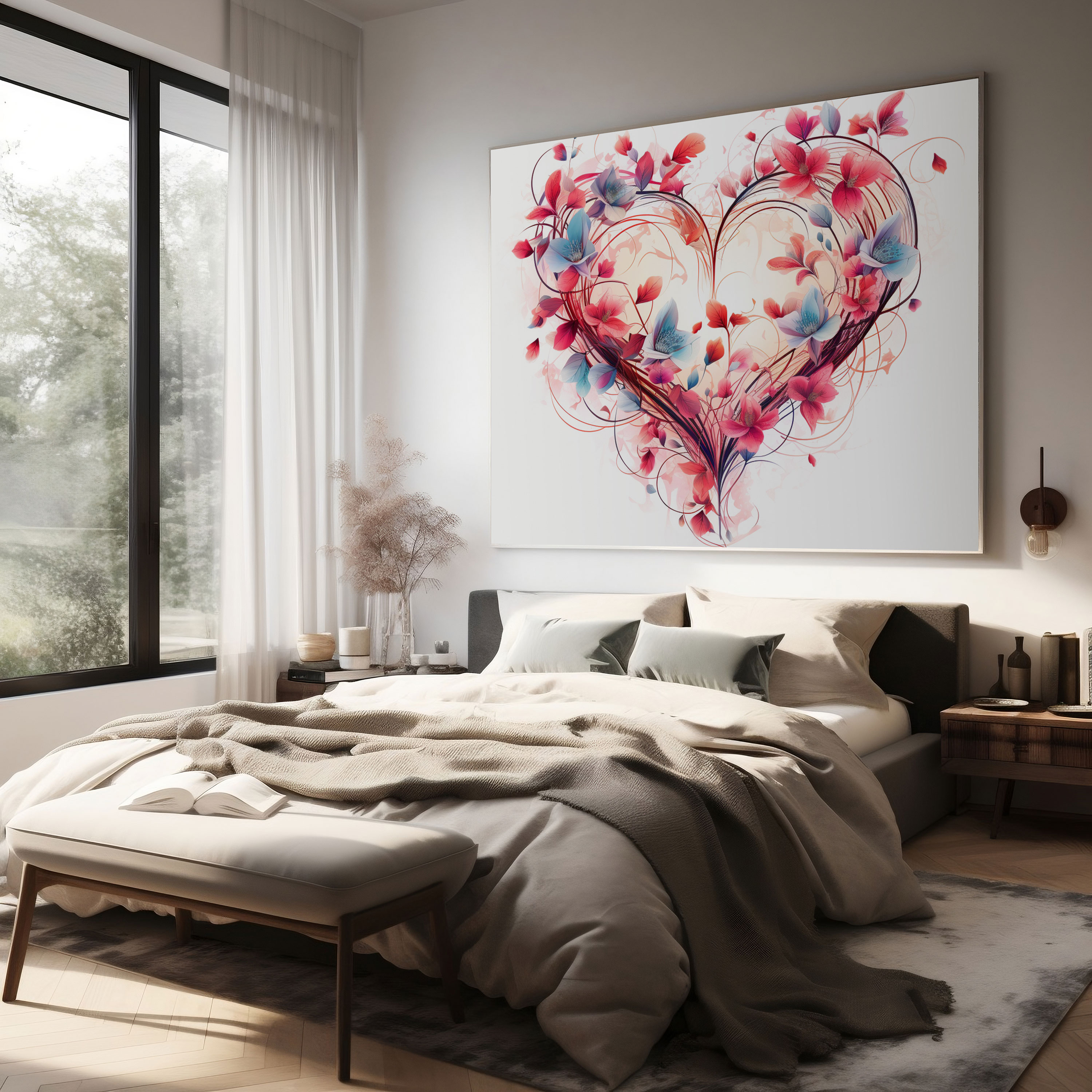 Çiçeklerin Romantik Kalpler Duvar Sanatı - Romantik Duvar Dekorasyonu Aşk Kalpler