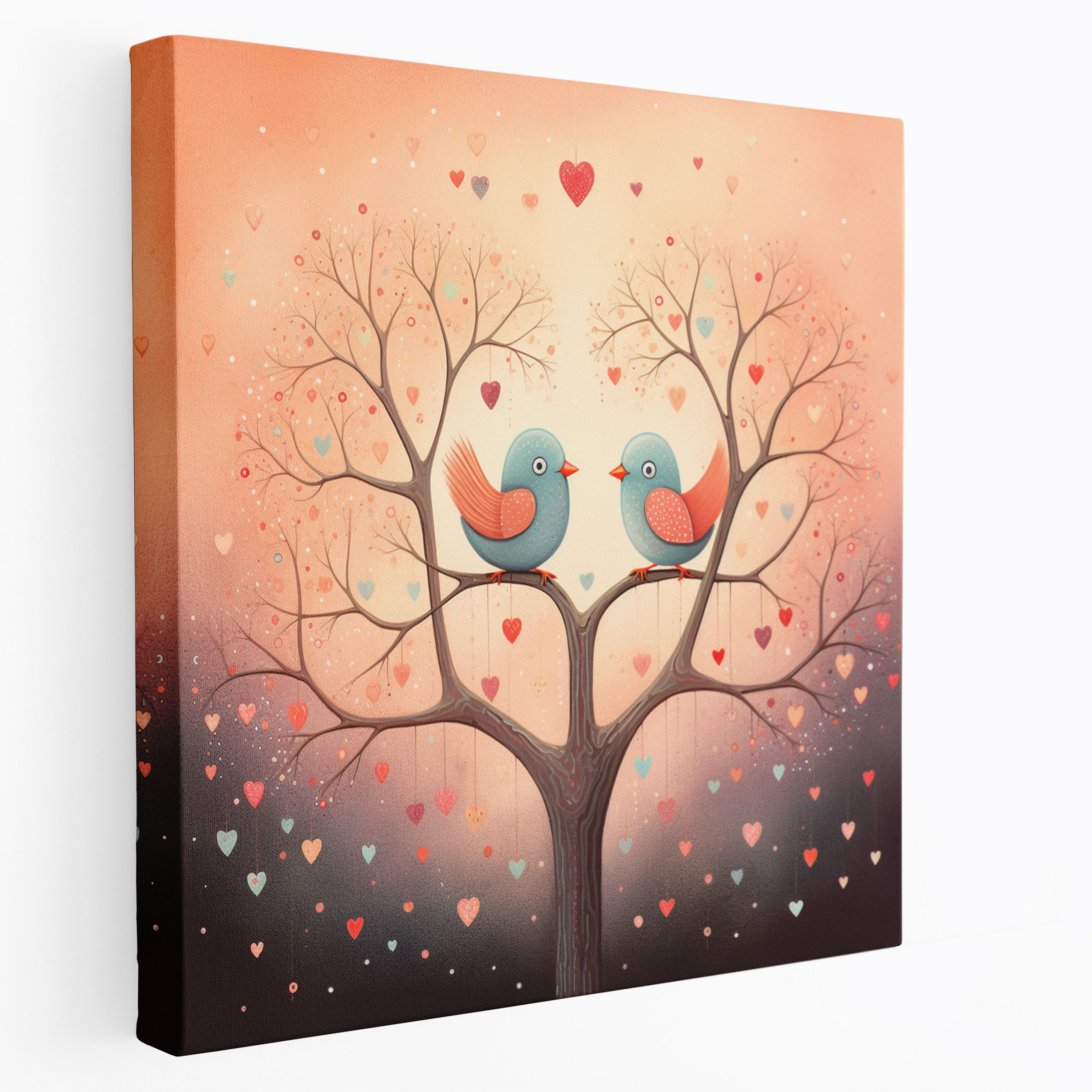 Romantic Lovebirds Canvas Print - Romantic, Floating Hearts, Wall Art, Whimsical Illustration