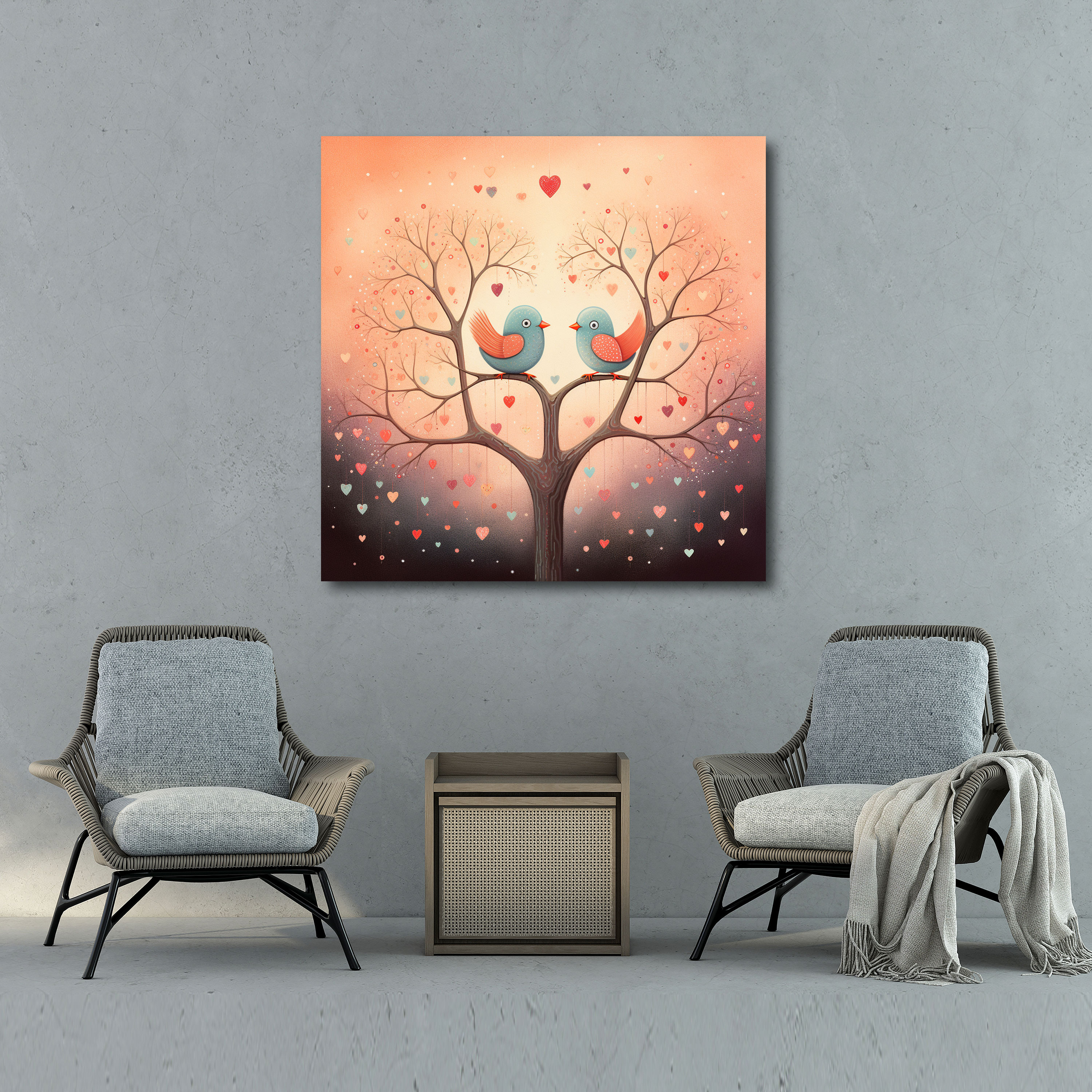 Romantic Lovebirds Canvas Print - Romantic, Floating Hearts, Wall Art, Whimsical Illustration