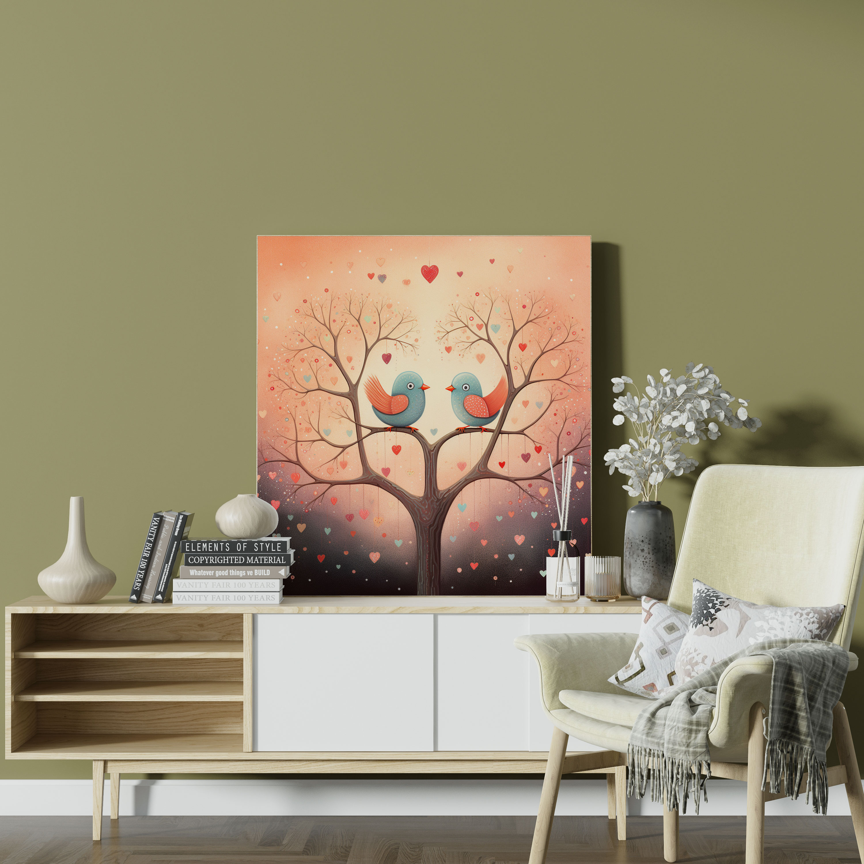Romantic Lovebirds Canvas Print - Romantic, Floating Hearts, Wall Art, Whimsical Illustration