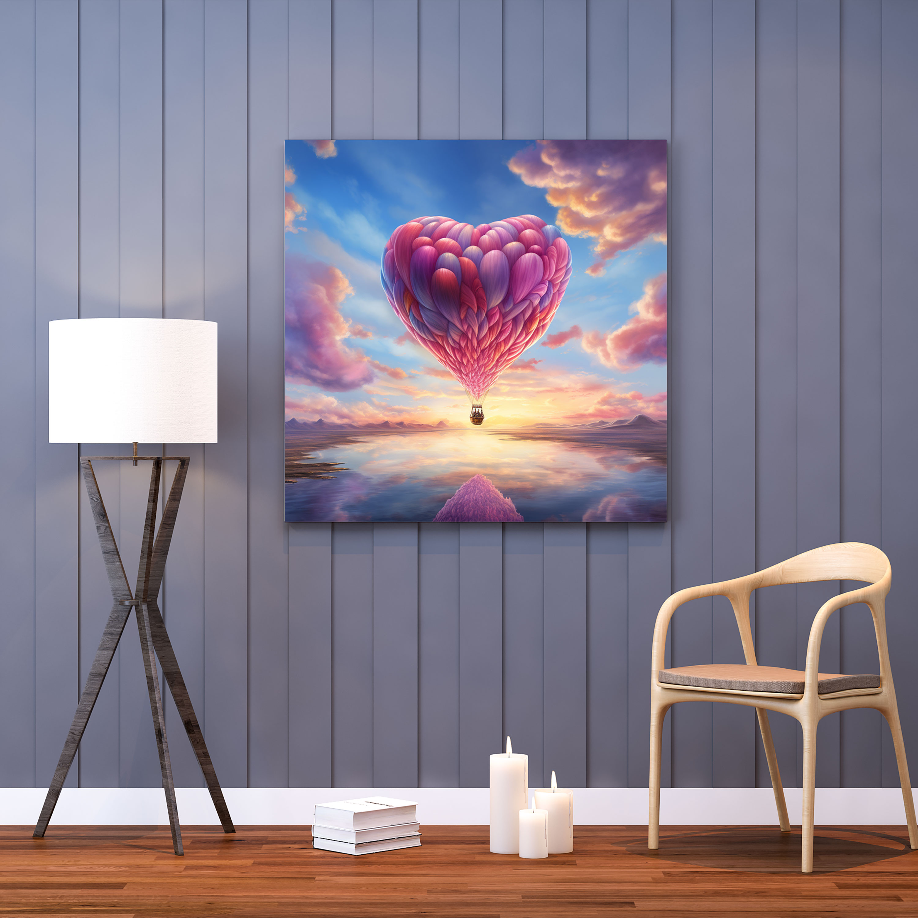 Romantik Sıcak Hava Balonu Duvar Sanatı - Kanvas Tablo Pastel Renkli Gökyüzü