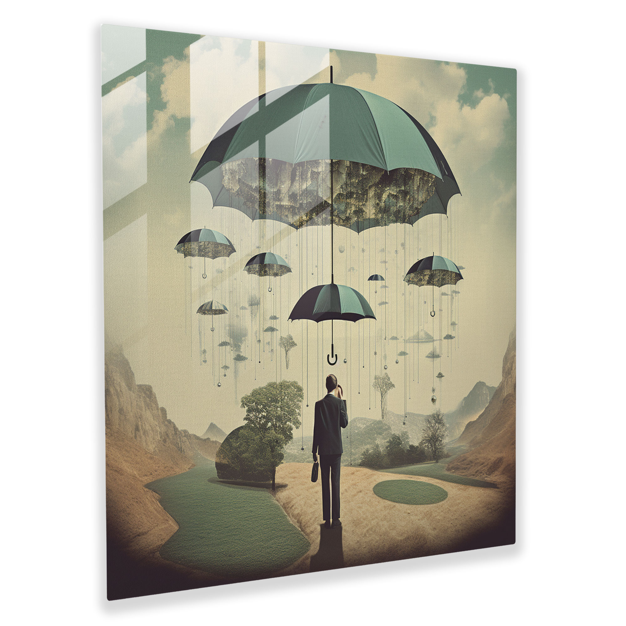 Floating Umbrella Glass Print - Rain, Person, Rain, Surreal Collage
