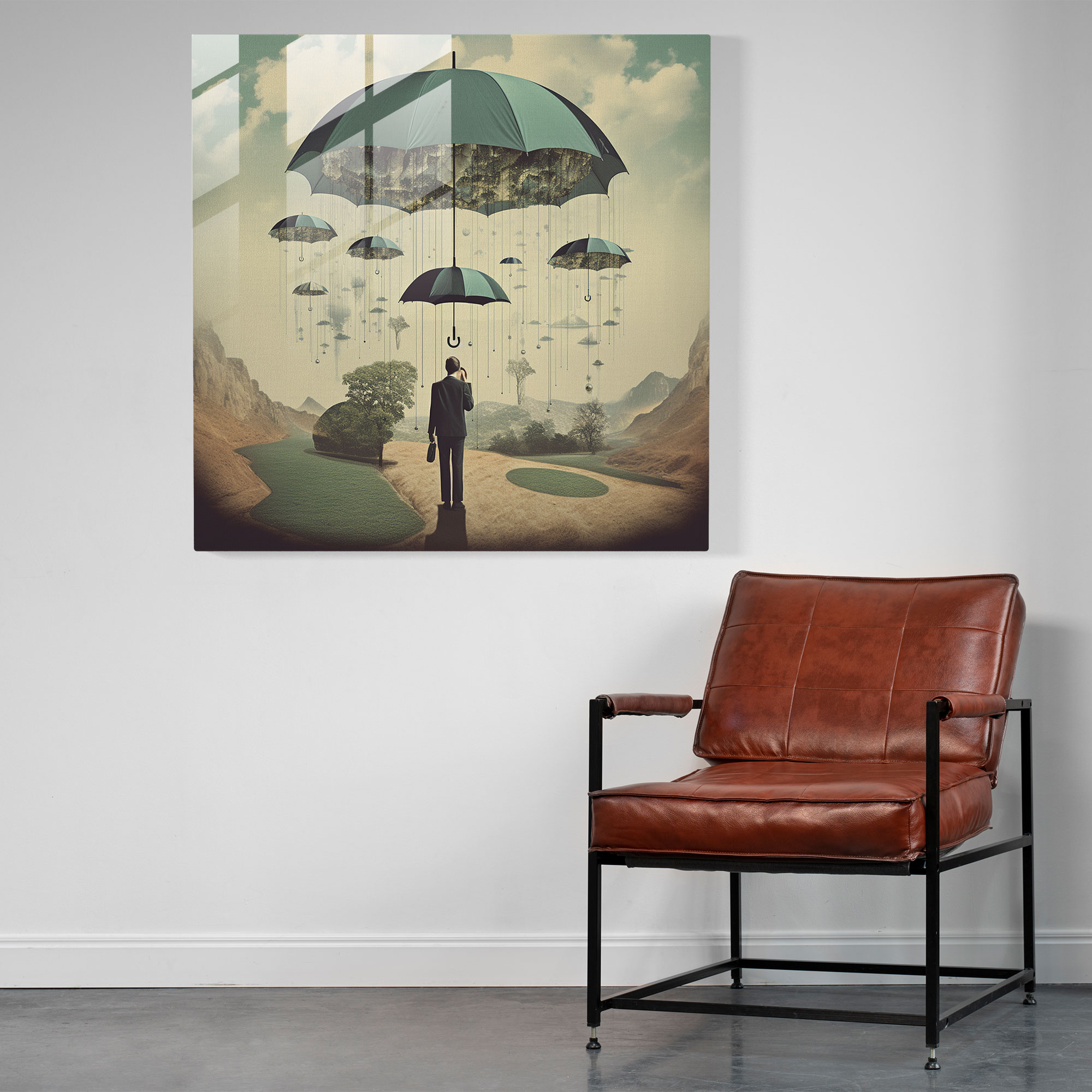 Floating Umbrella Glass Print - Rain, Person, Rain, Surreal Collage