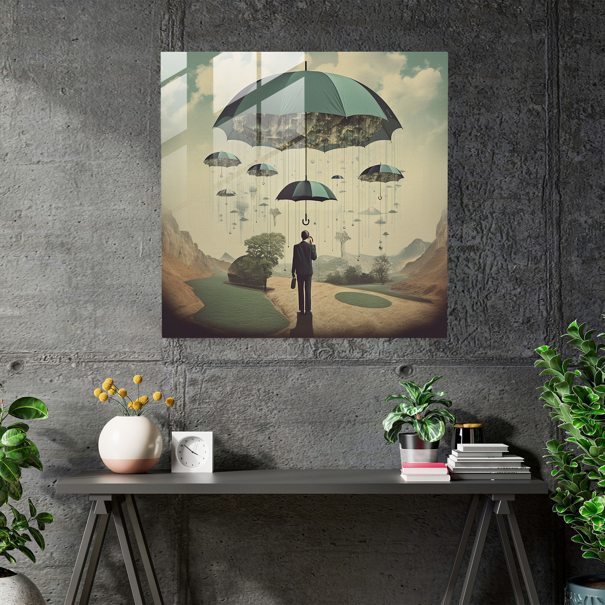 Floating Umbrella Glass Print - Rain, Person, Rain, Surreal Collage