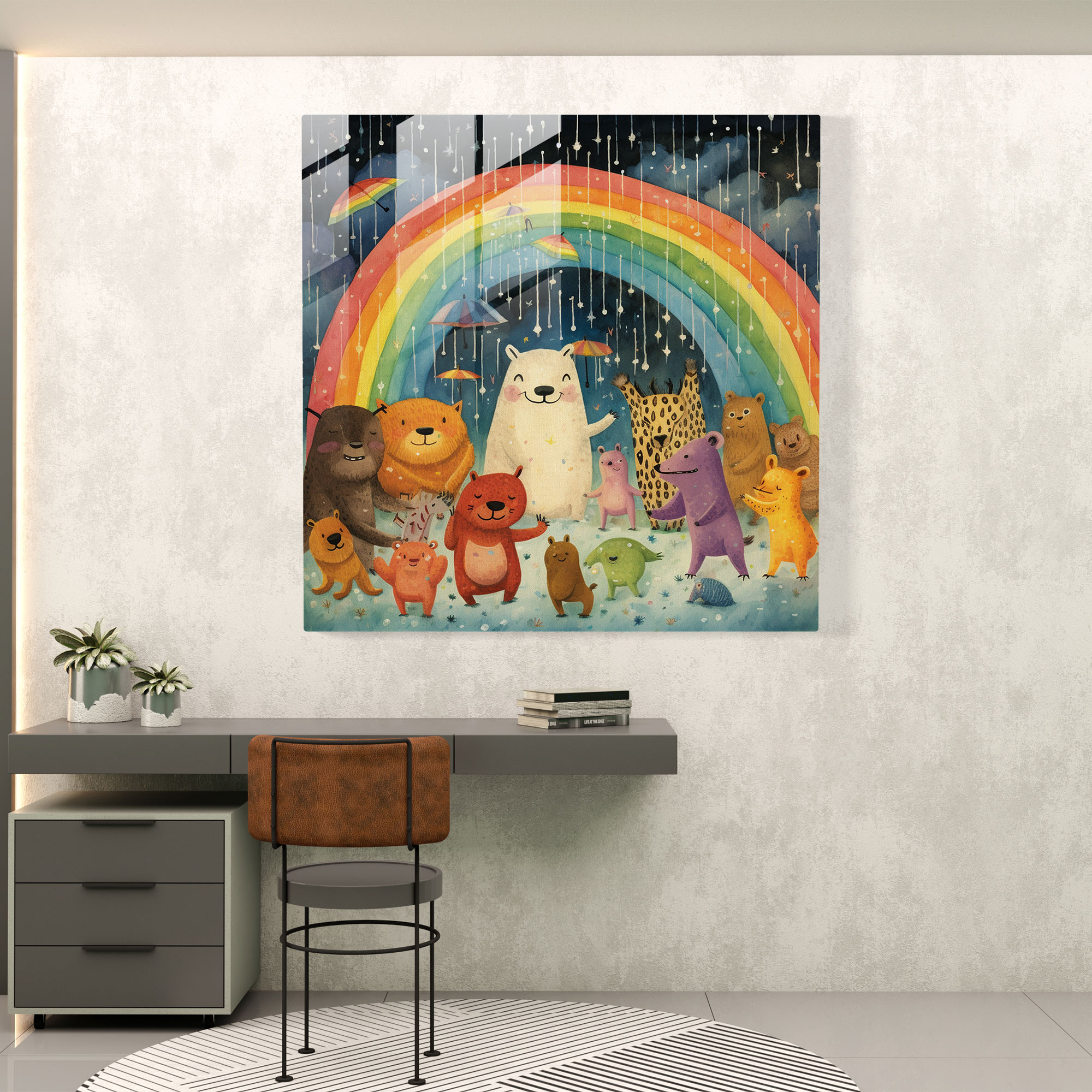 Rainbow Animals Glass Print - Rain, Modern Art, Rainbow, Home Decoration