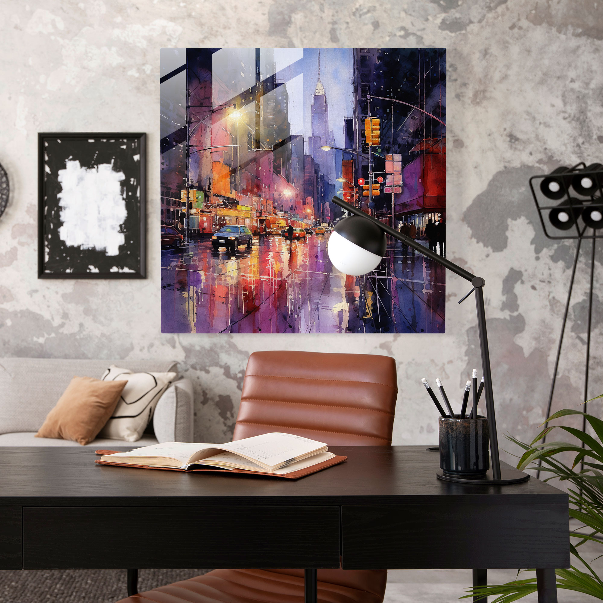 Rainy City Glass Print - Rain, Modern Art, Watercolor Painting, Glass Print