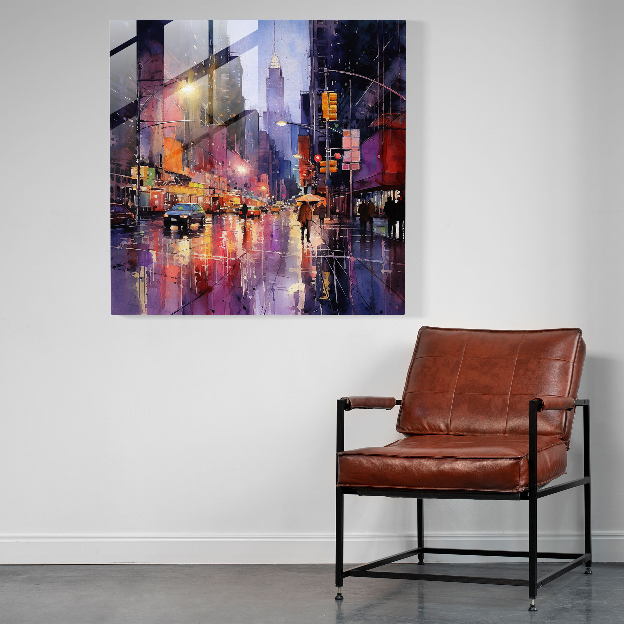 Rainy City Glass Print - Rain, Modern Art, Watercolor Painting, Glass Print