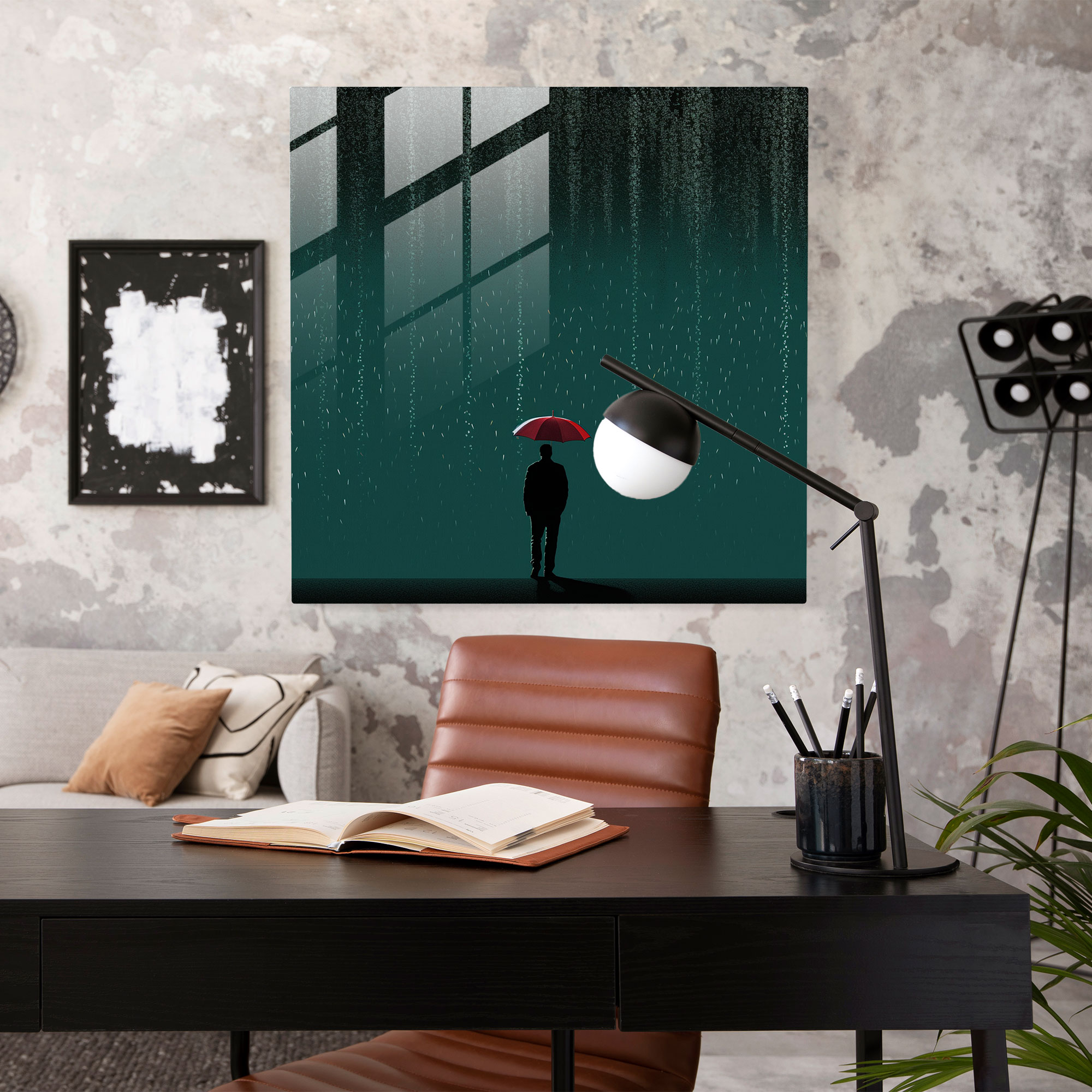 Rainy Walk Glass Print - Rain, Rain, Silhouette, Modern Art