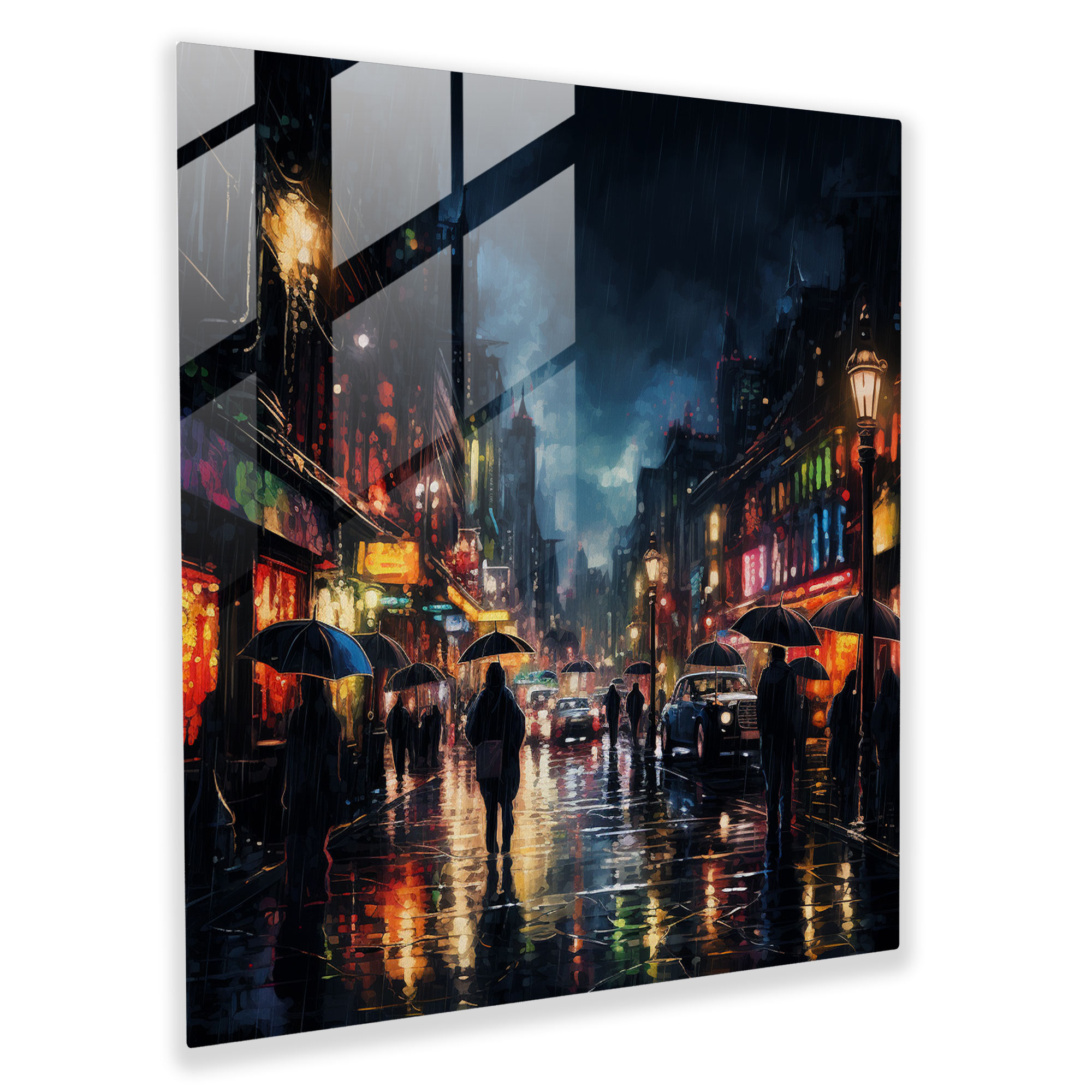 Rainy Night Glass Print - Rain, Cityscape, Modern Art, Colorful Umbrellas