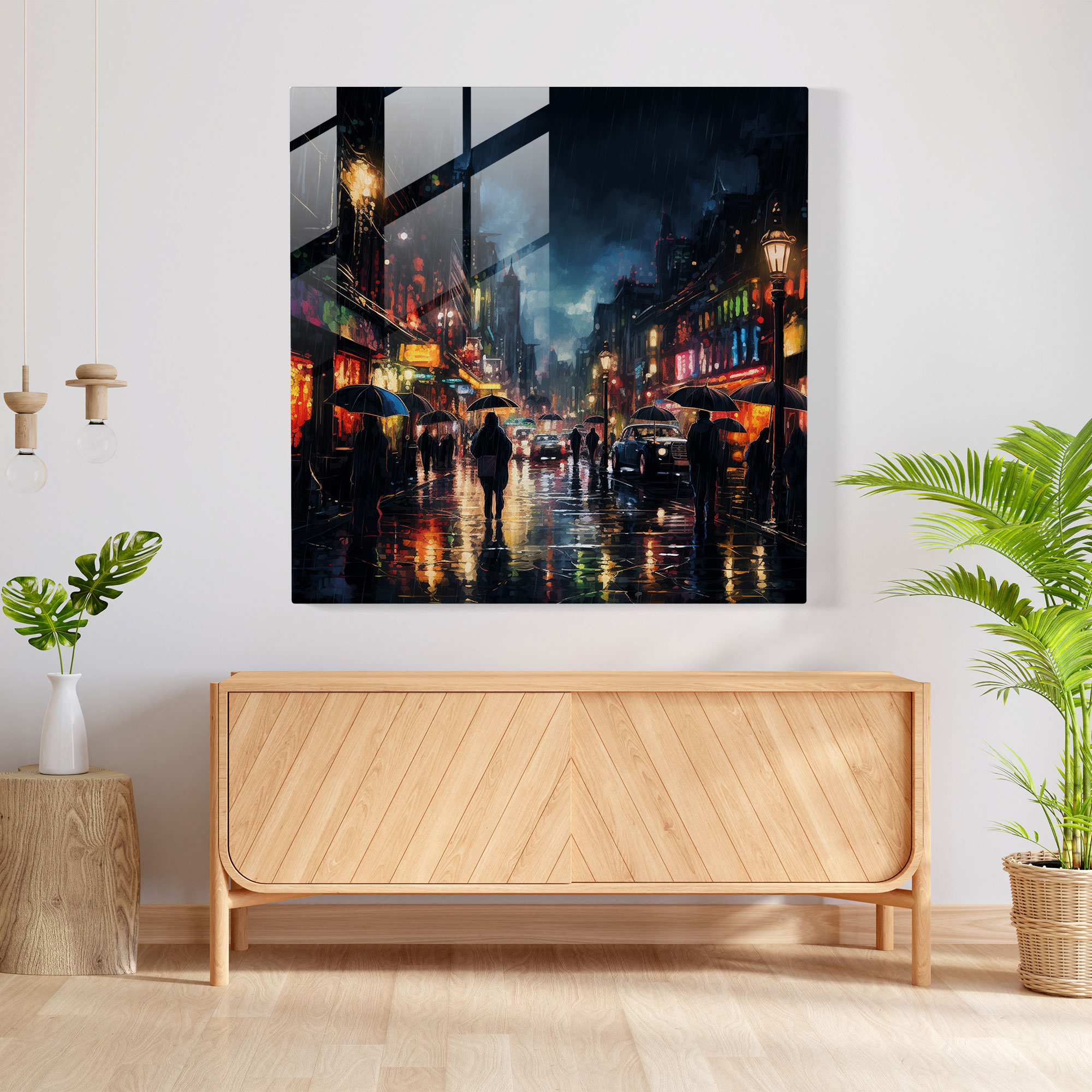 Rainy Night Glass Print - Rain, Cityscape, Modern Art, Colorful Umbrellas