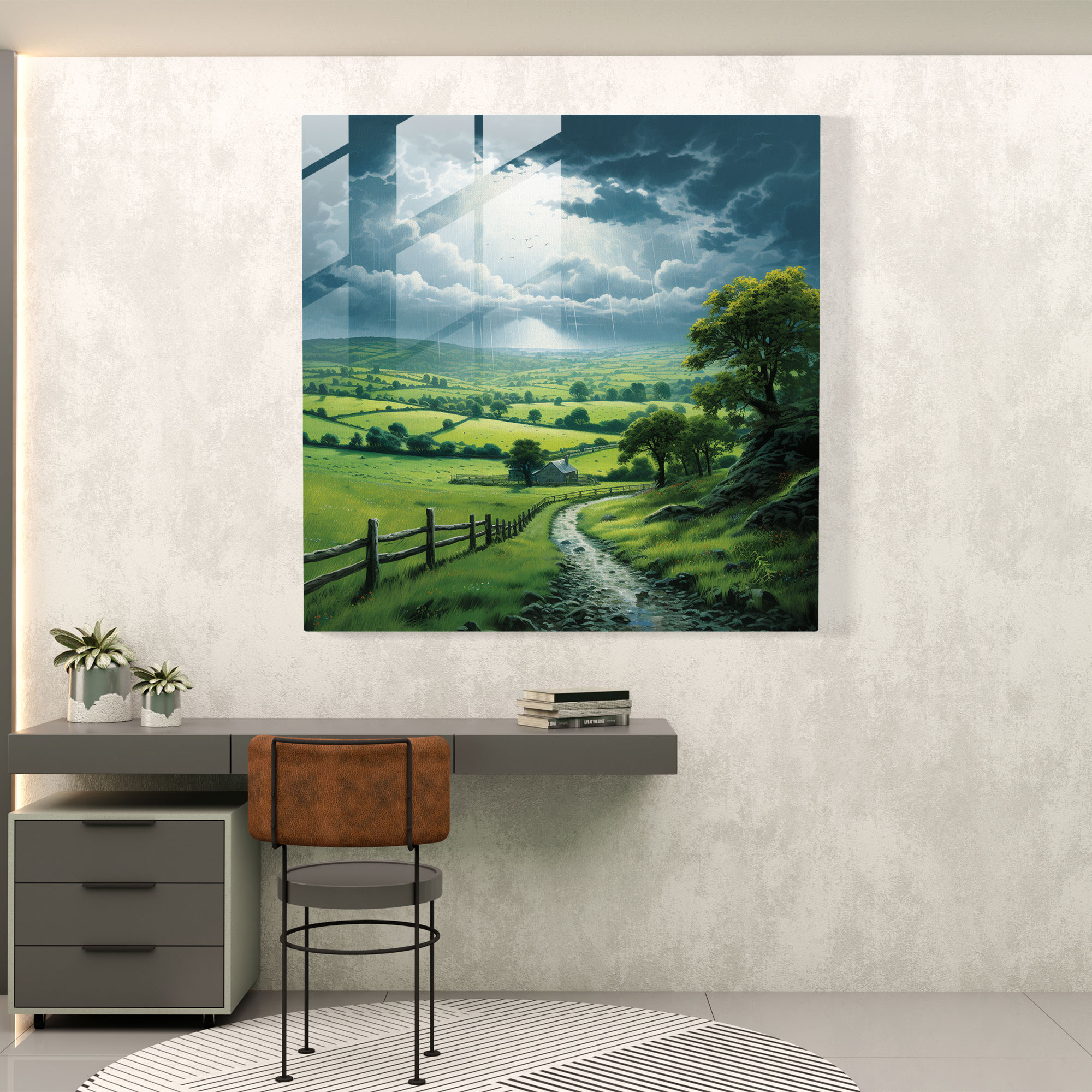 Rainy Countryside Glass Print - Rain, Realistic Illustration, Glass Print, Glass Art