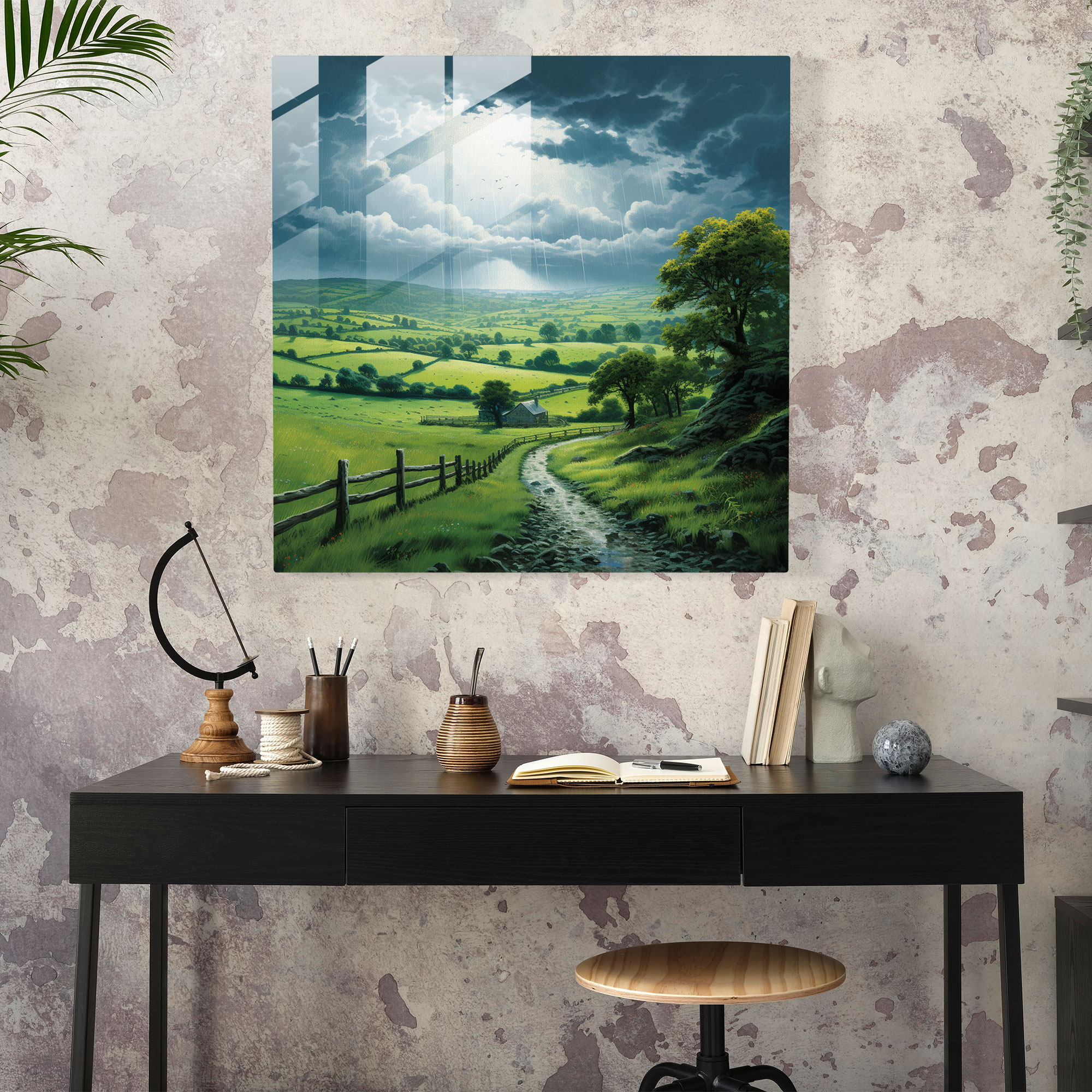 Rainy Countryside Glass Print - Rain, Realistic Illustration, Glass Print, Glass Art