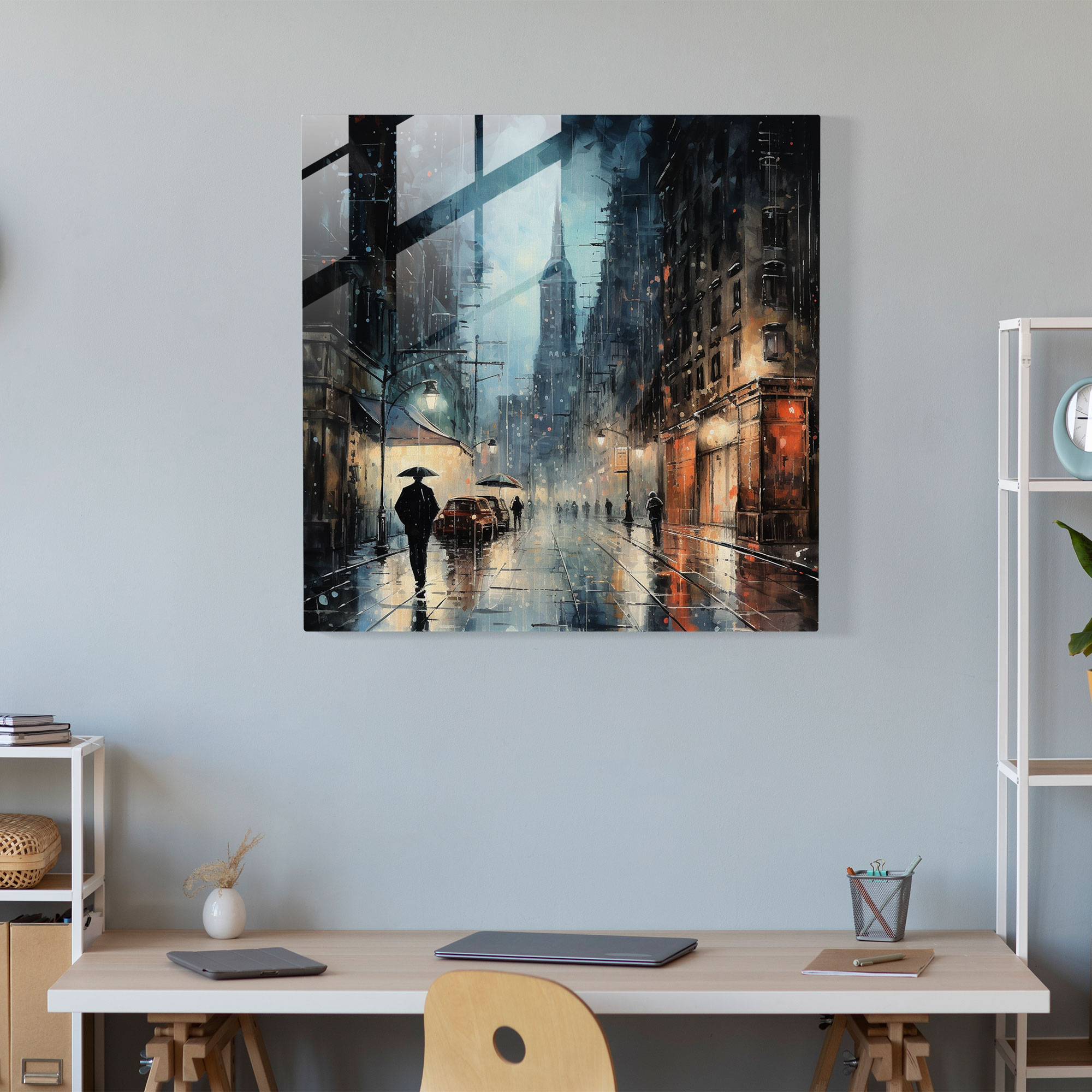 Rainy Cityscape Glass Print - Rain, Night, Mystery, Wall Decoration