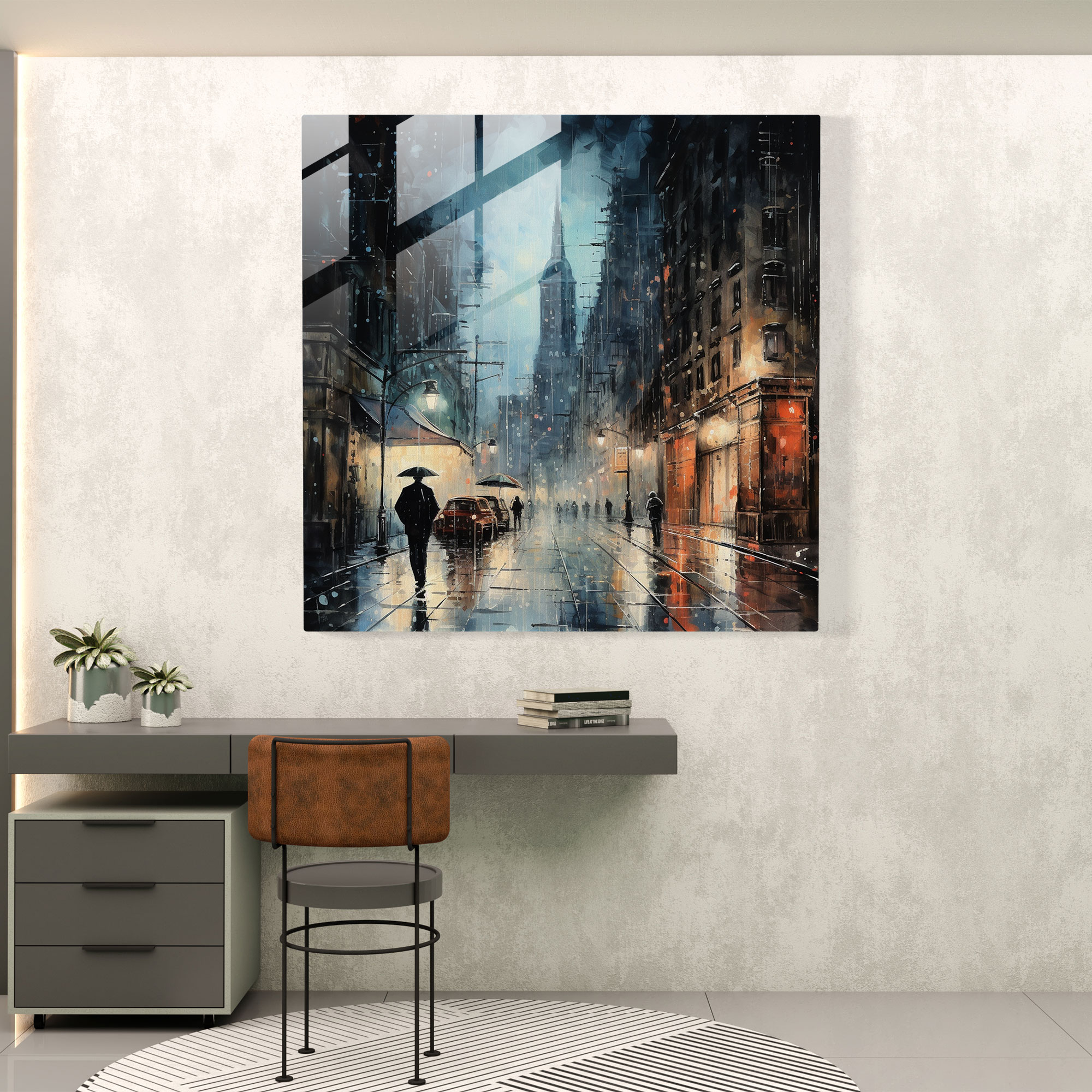 Rainy Cityscape Glass Print - Rain, Night, Mystery, Wall Decoration