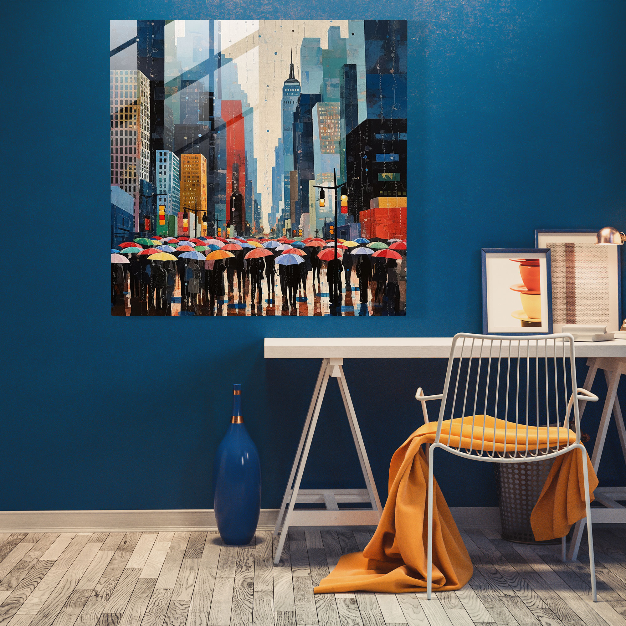 Rainy City Skyline Glass Print - Rain, Home Decoration, Umbrellas, Rainy City Skyline