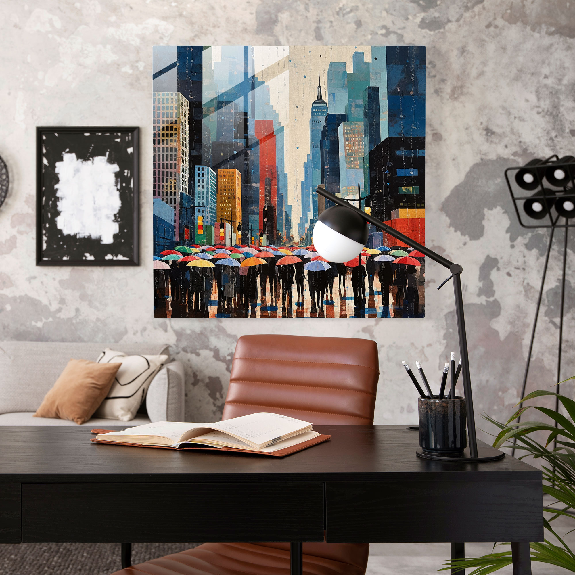 Rainy City Skyline Glass Print - Rain, Home Decoration, Umbrellas, Rainy City Skyline