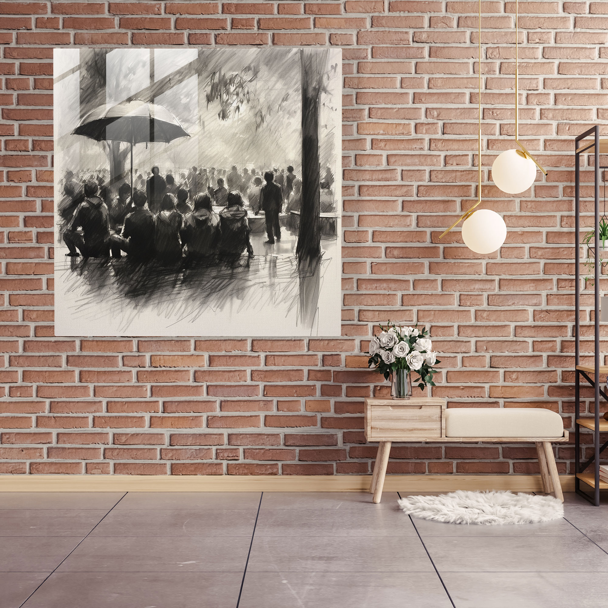 Rainy Day In The Park Glass Print - Rain, Monochromatic Tones, Sketched Details, Wall Decoration