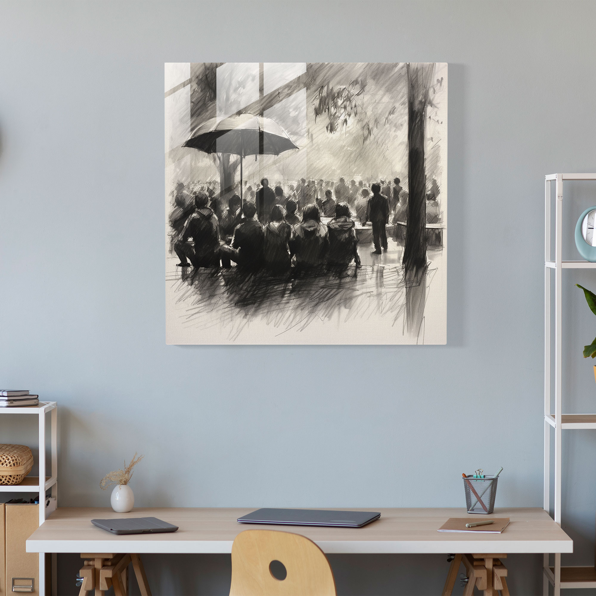 Rainy Day In The Park Glass Print - Rain, Monochromatic Tones, Sketched Details, Wall Decoration