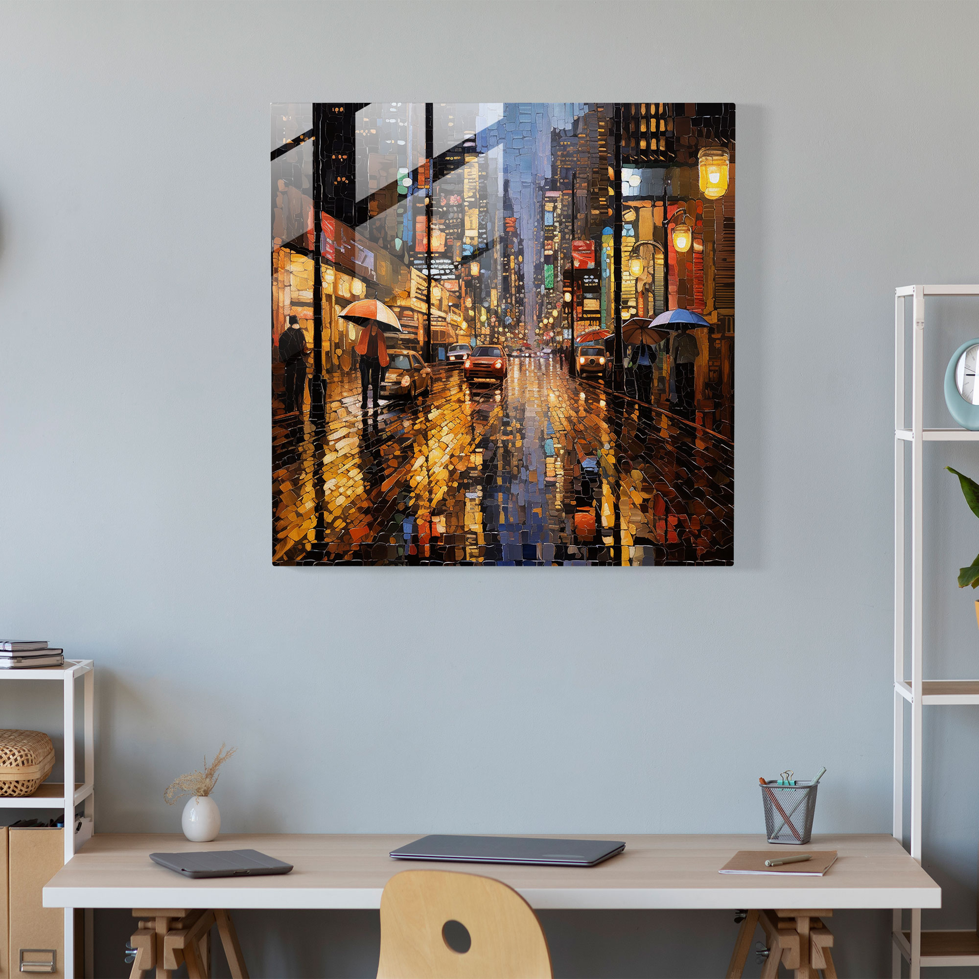 Reflective Rainy Street Glass Art - Rain, Sophistication, Glass Art, Intricate