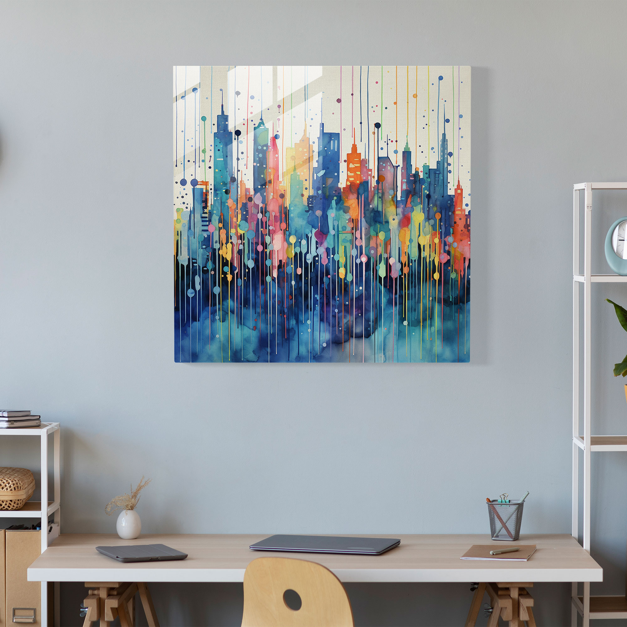 Raindrops Glass Print - Rain, Abstract Watercolor Painting, Home Decoration, Colorful Cityscape