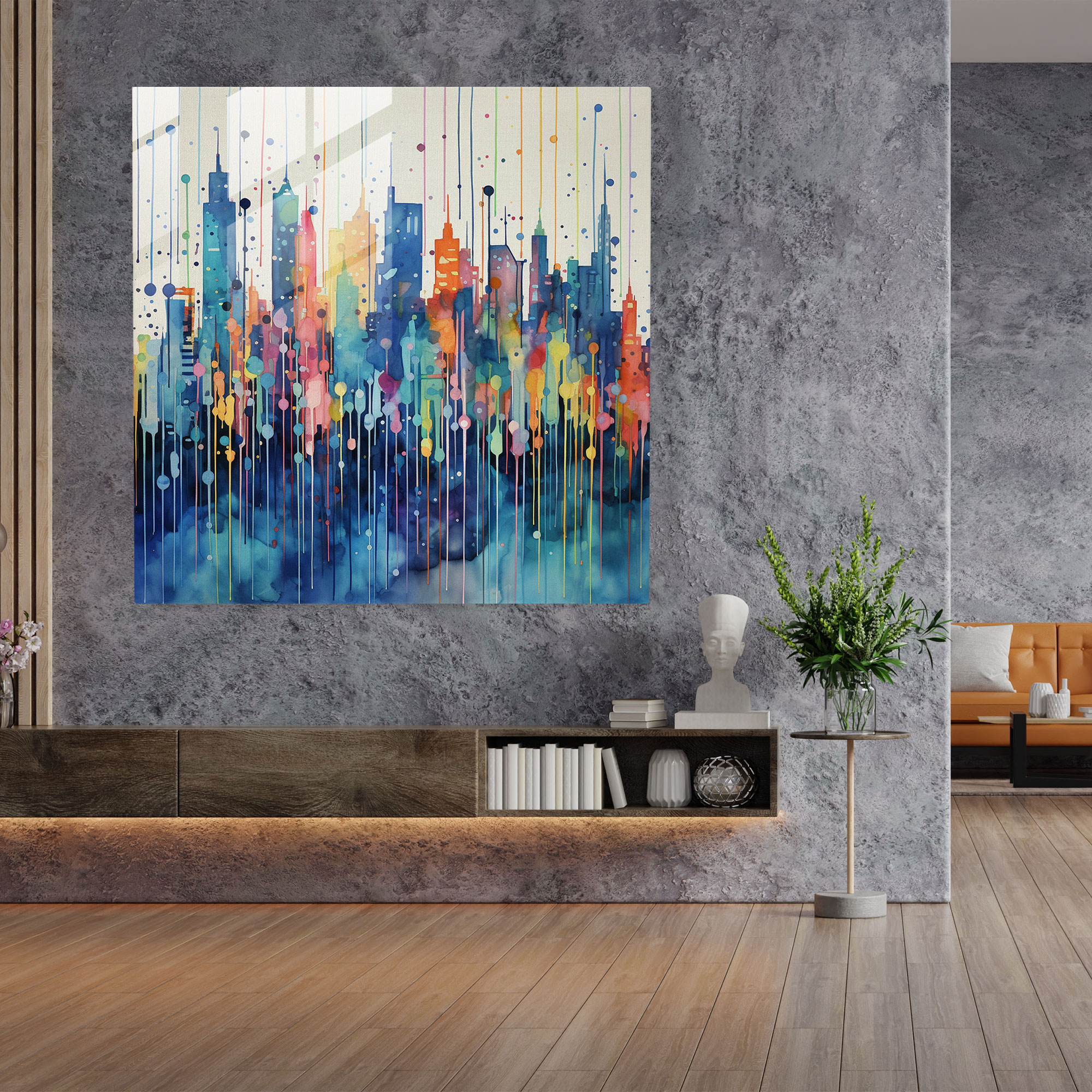 Raindrops Glass Print - Rain, Abstract Watercolor Painting, Home Decoration, Colorful Cityscape