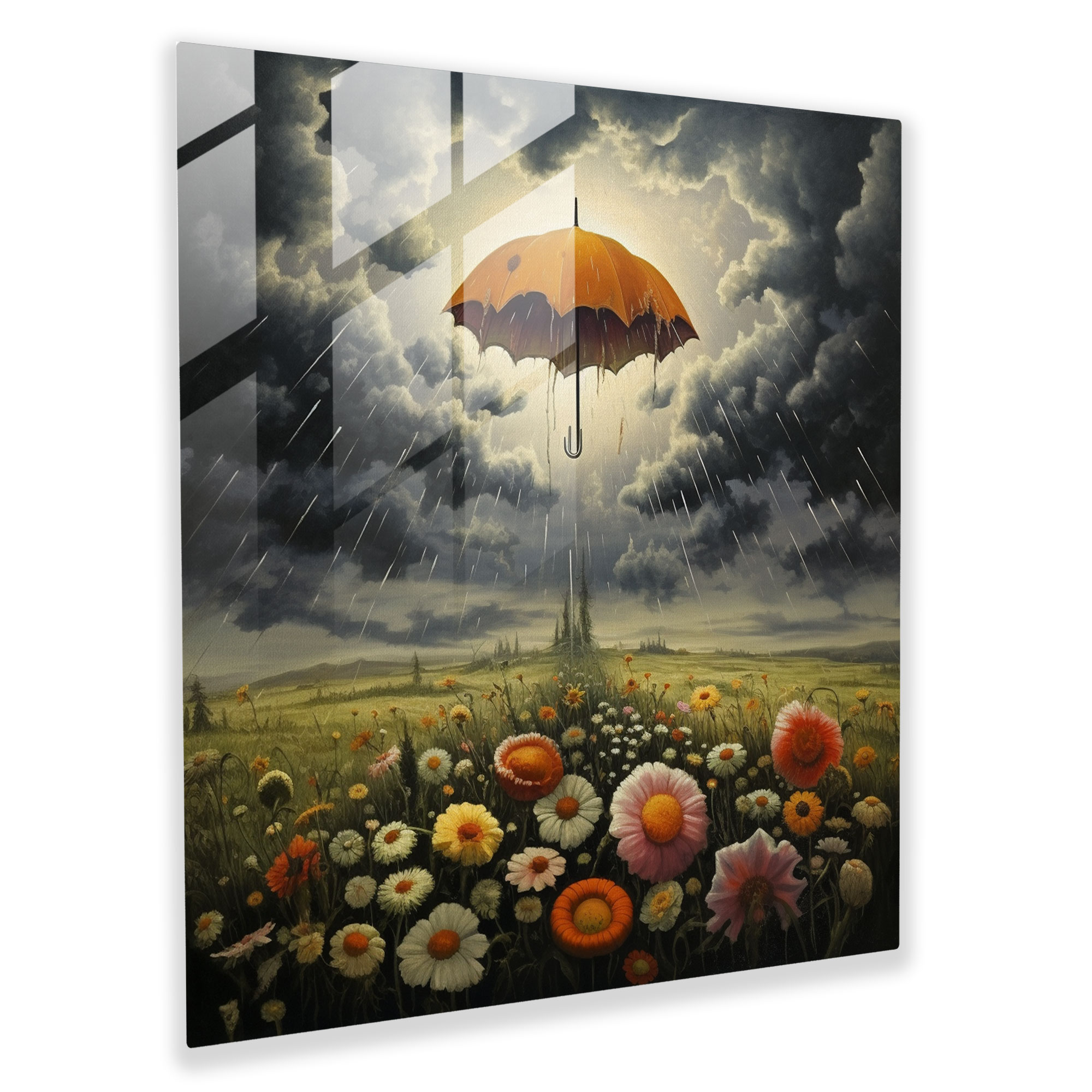 Rainy Blooms Glass Print - Rain, Glass Art, Umbrella, Blooming Flowers