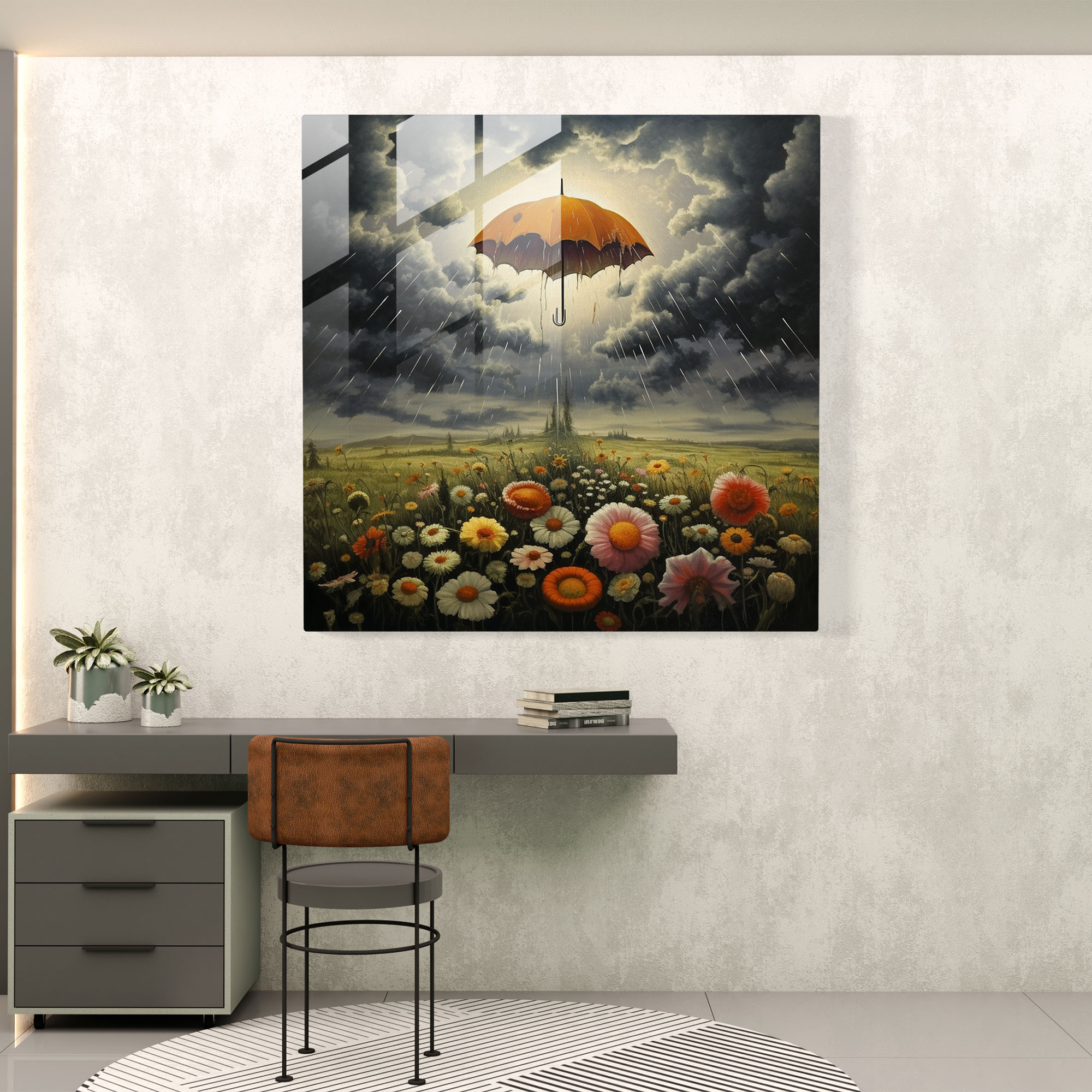 Rainy Blooms Glass Print - Rain, Glass Art, Umbrella, Blooming Flowers