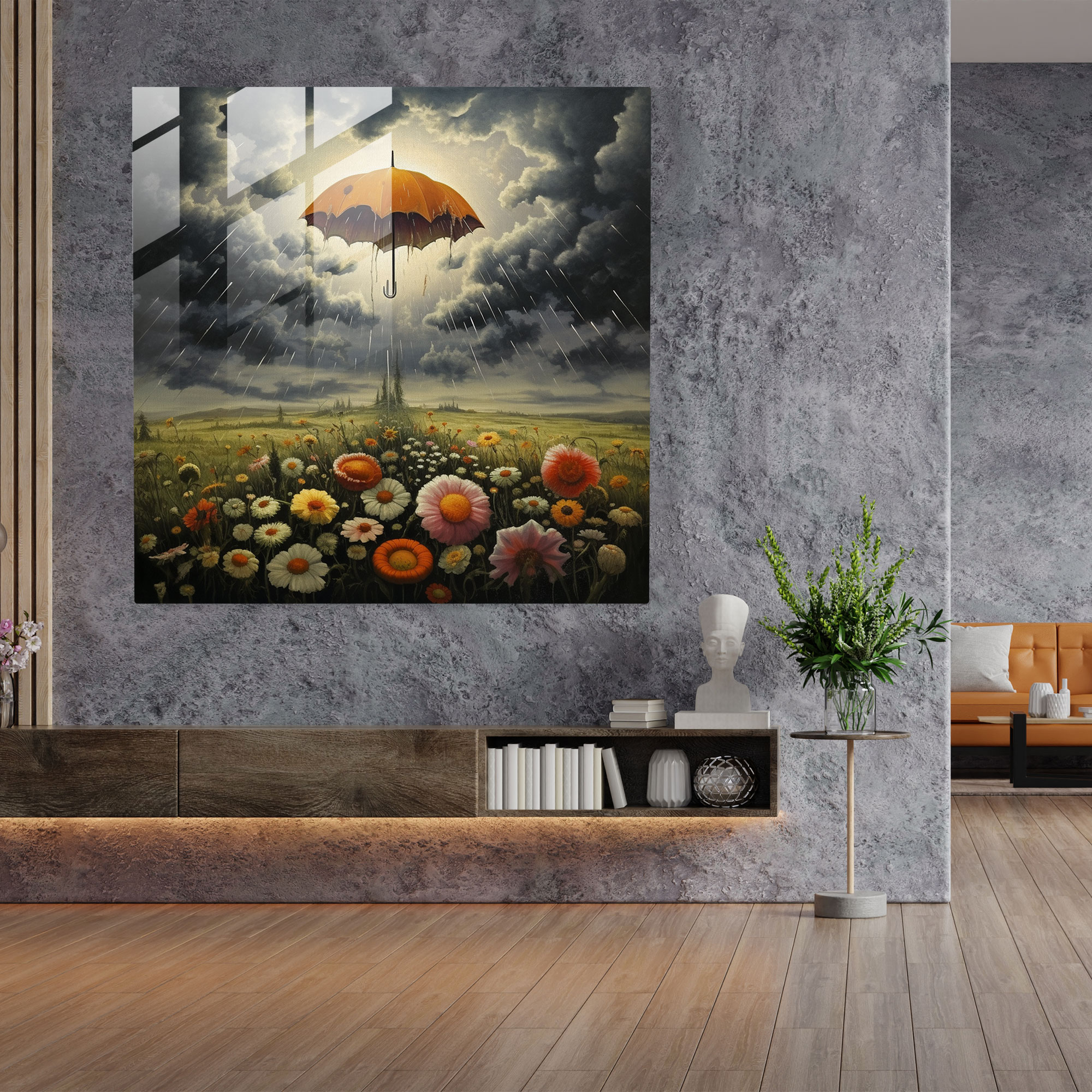 Rainy Blooms Glass Print - Rain, Glass Art, Umbrella, Blooming Flowers