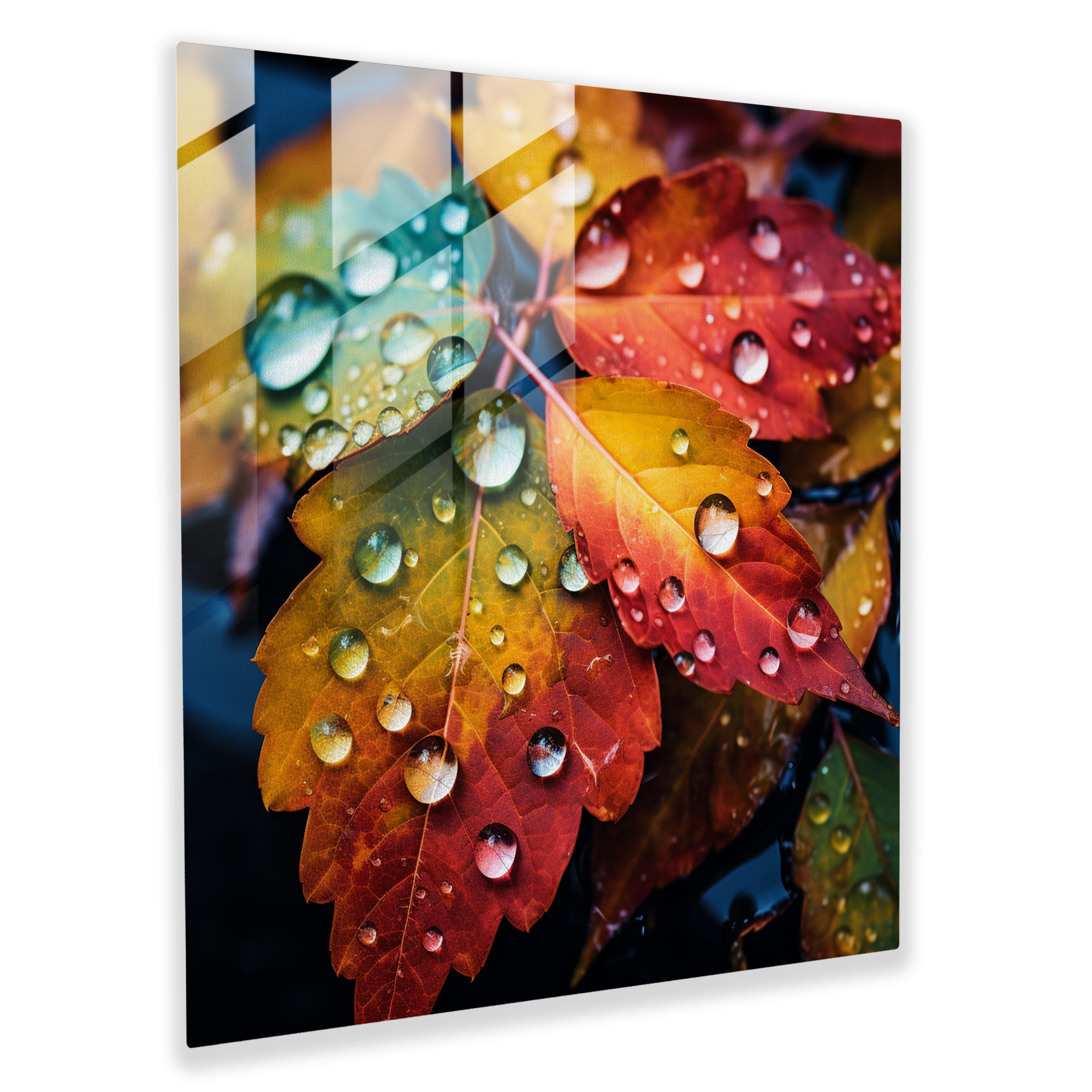 Autumn Rain Glass Print - Rain, Realistic Photography, Wall Decoration, Autumn Leaves