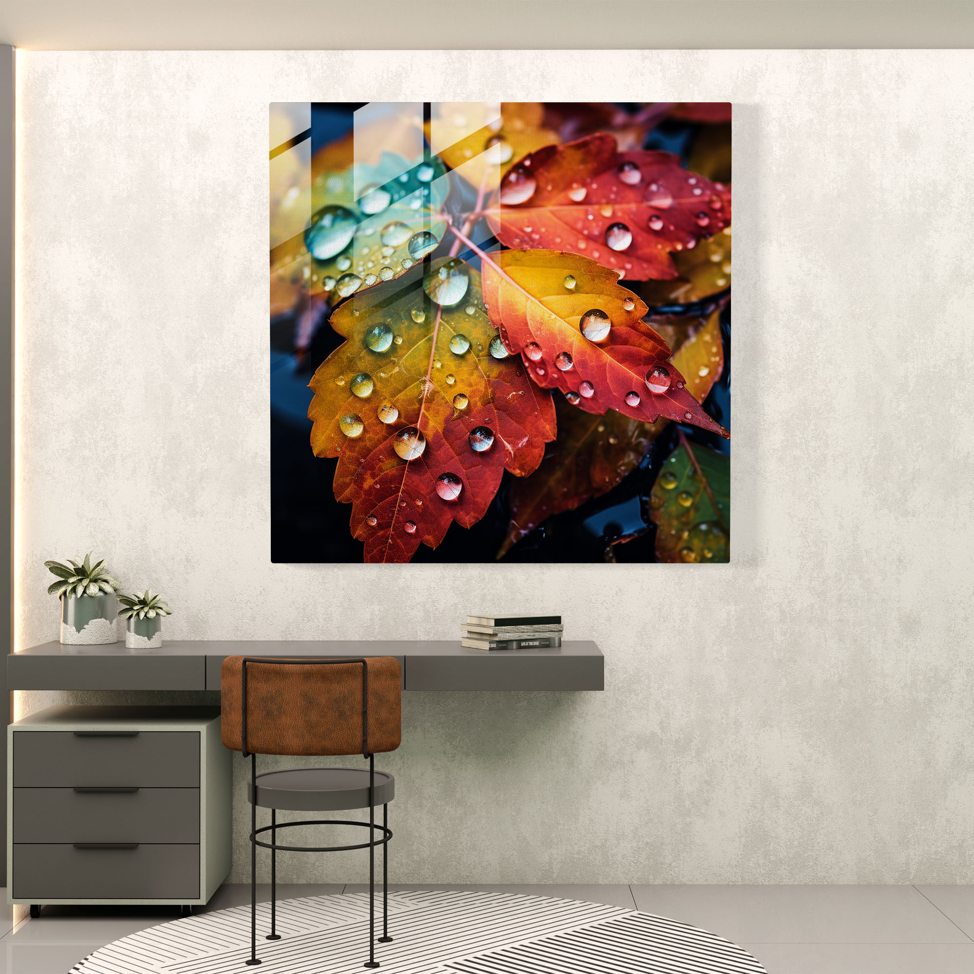 Autumn Rain Glass Print - Rain, Realistic Photography, Wall Decoration, Autumn Leaves