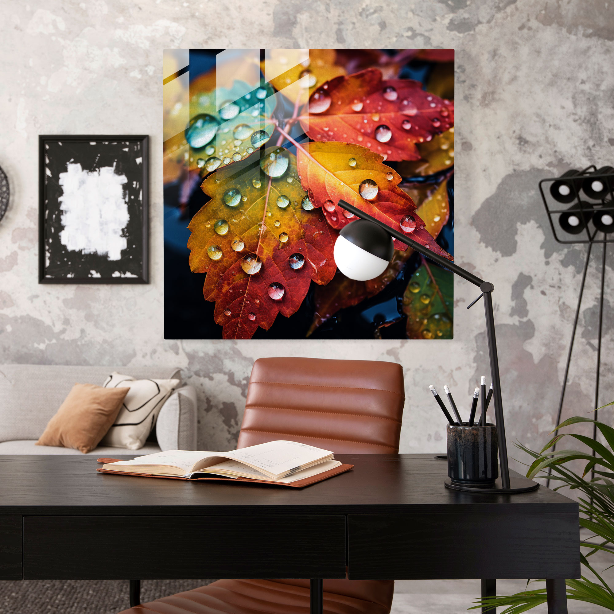 Autumn Rain Glass Print - Rain, Realistic Photography, Wall Decoration, Autumn Leaves