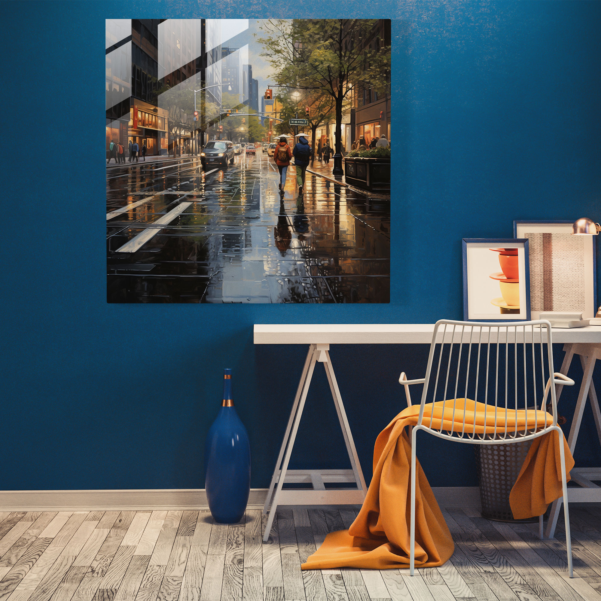 Rainy Street Glass Print - Rain, Realistic Oil Painting, Glass Wall Art, Rain