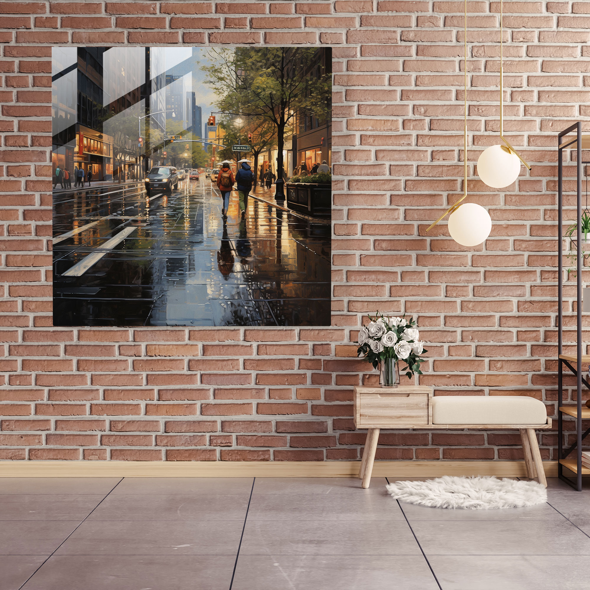 Rainy Street Glass Print - Rain, Realistic Oil Painting, Glass Wall Art, Rain