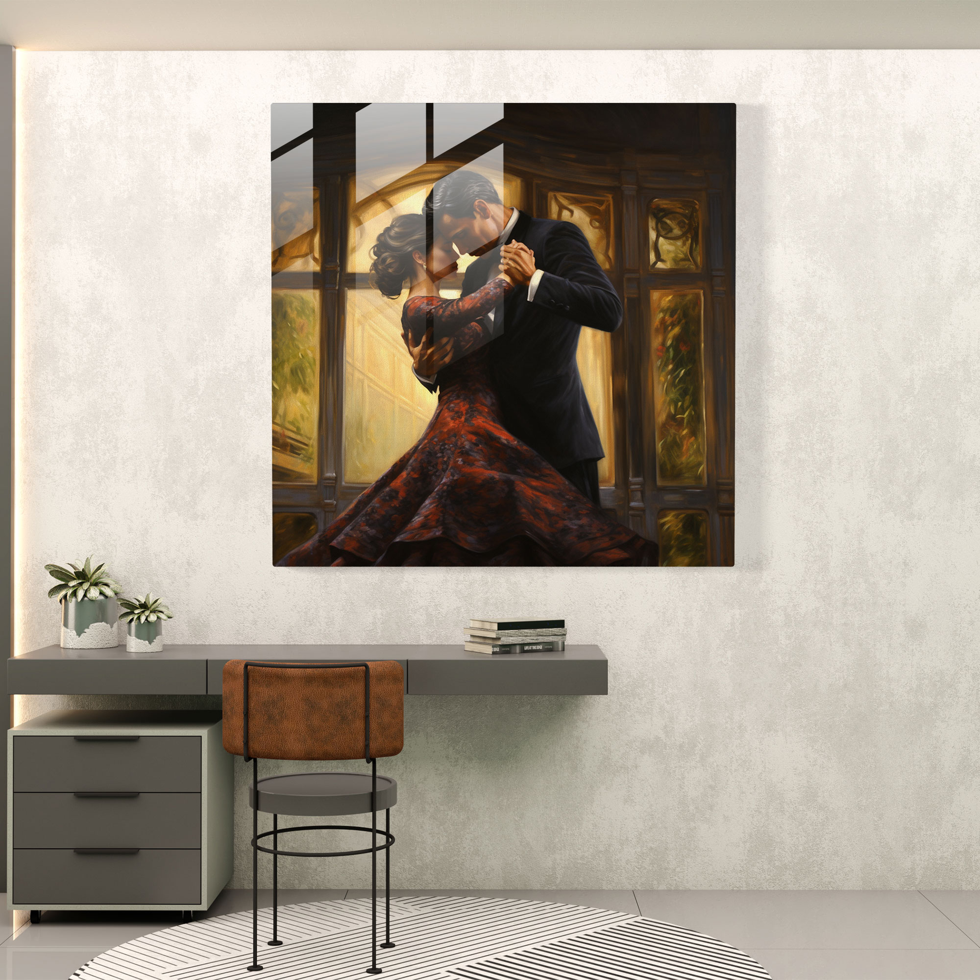 Romantic Reverie Glass Prints - Couple Dancing in an Elegant Ballroom Glass Print