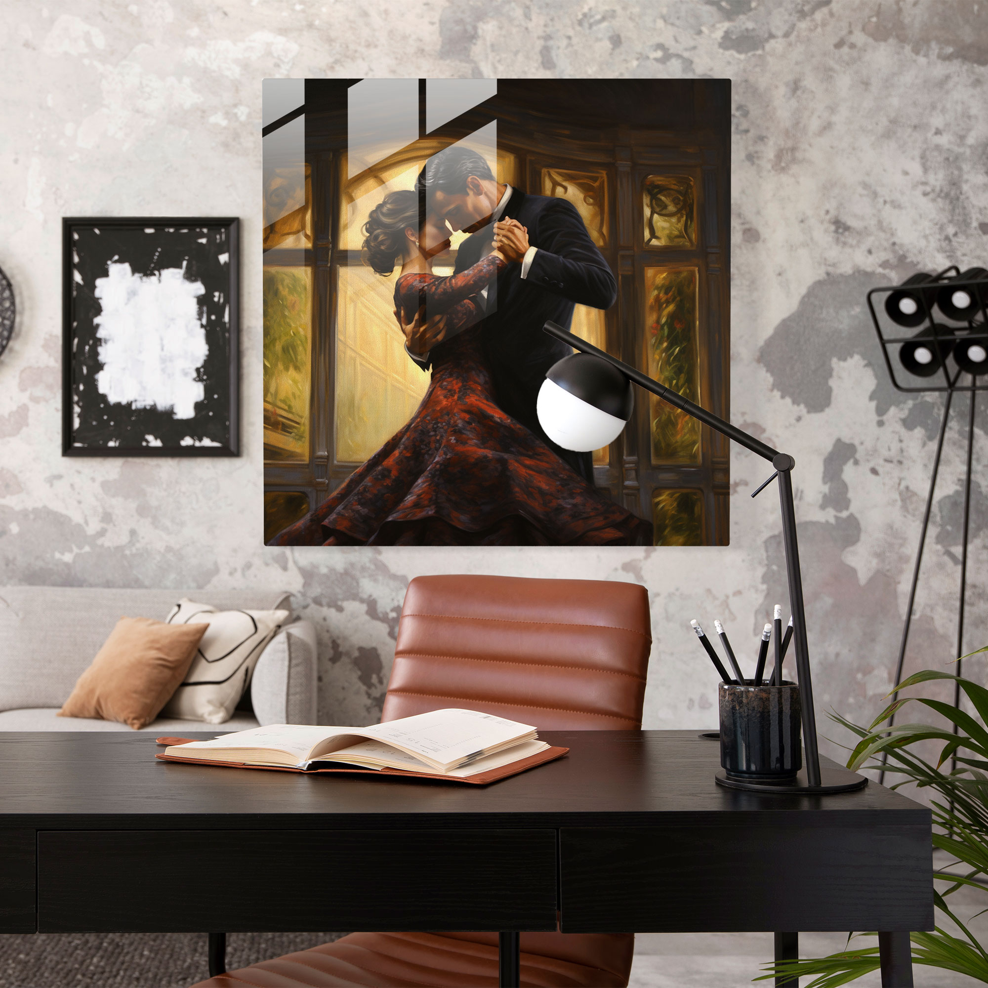 Romantic Reverie Glass Prints - Couple Dancing in an Elegant Ballroom Glass Print