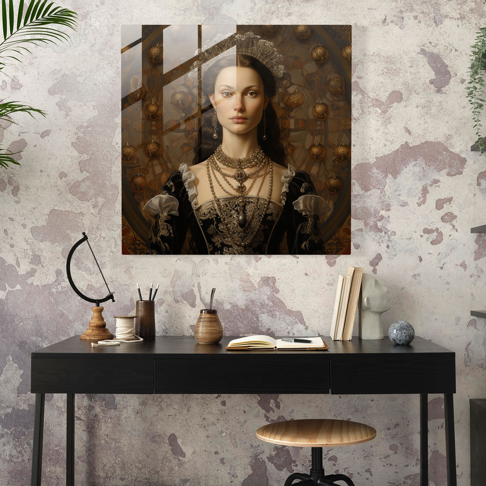 Glasbild: Renaissance-inspiriertes Kunstwerk - Detailliertes Porträt einer Adligen vor prächtigem Hintergrund - Glas Wandkunst Wohnkultur Wanddeko Glas Kunst
