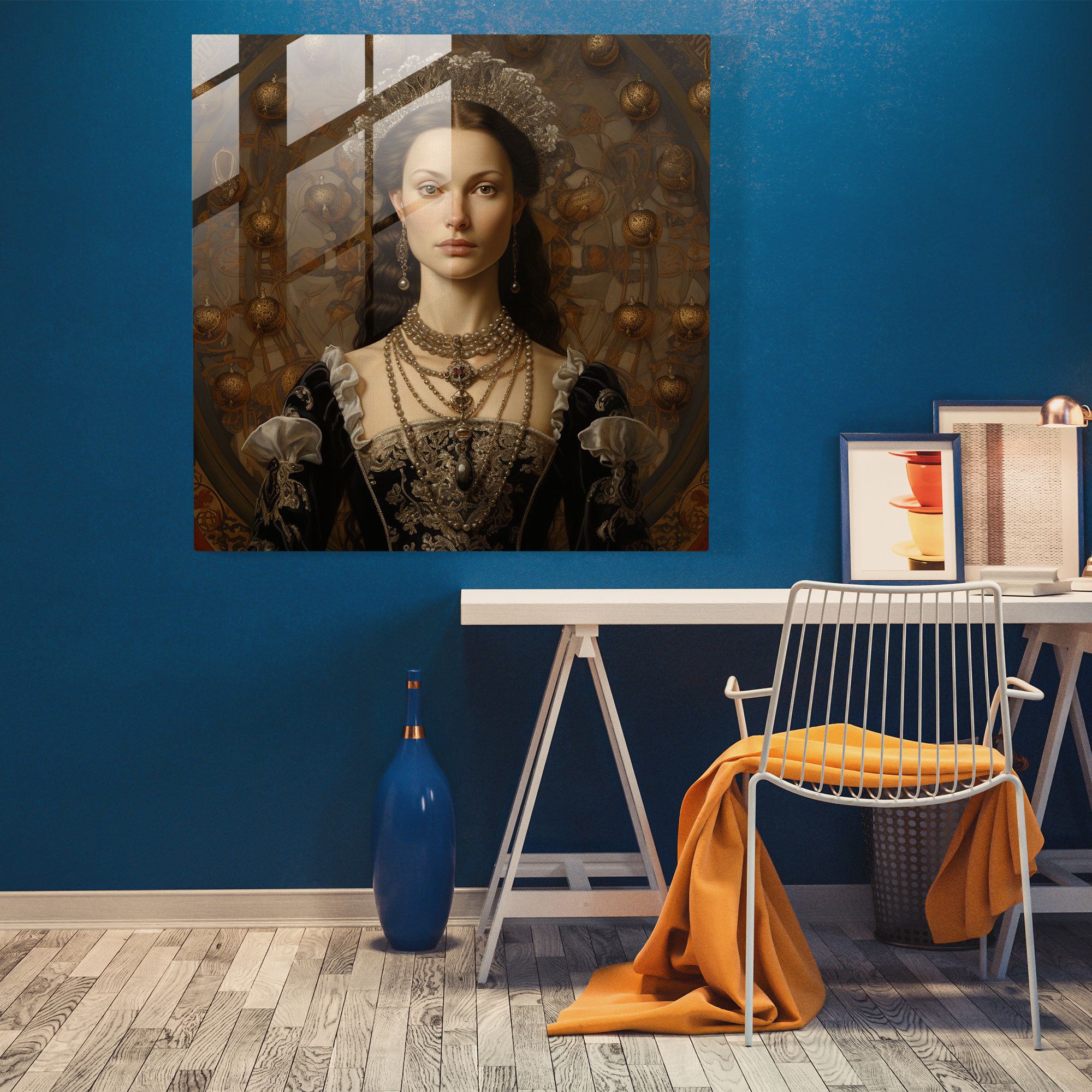 Glasbild: Renaissance-inspiriertes Kunstwerk - Detailliertes Porträt einer Adligen vor prächtigem Hintergrund - Glas Wandkunst Wohnkultur Wanddeko Glas Kunst