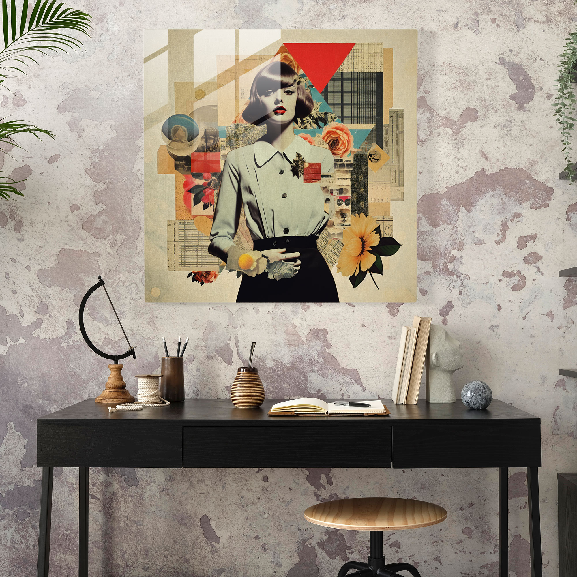 Glasbild Fusion Print: Moderne digitale Collage - eklektische Mischung aus Vintage-Fotografien und abstrakten Elementen - Wohnkultur Glaswandkunst Wanddekoration modernes Kunstwerk