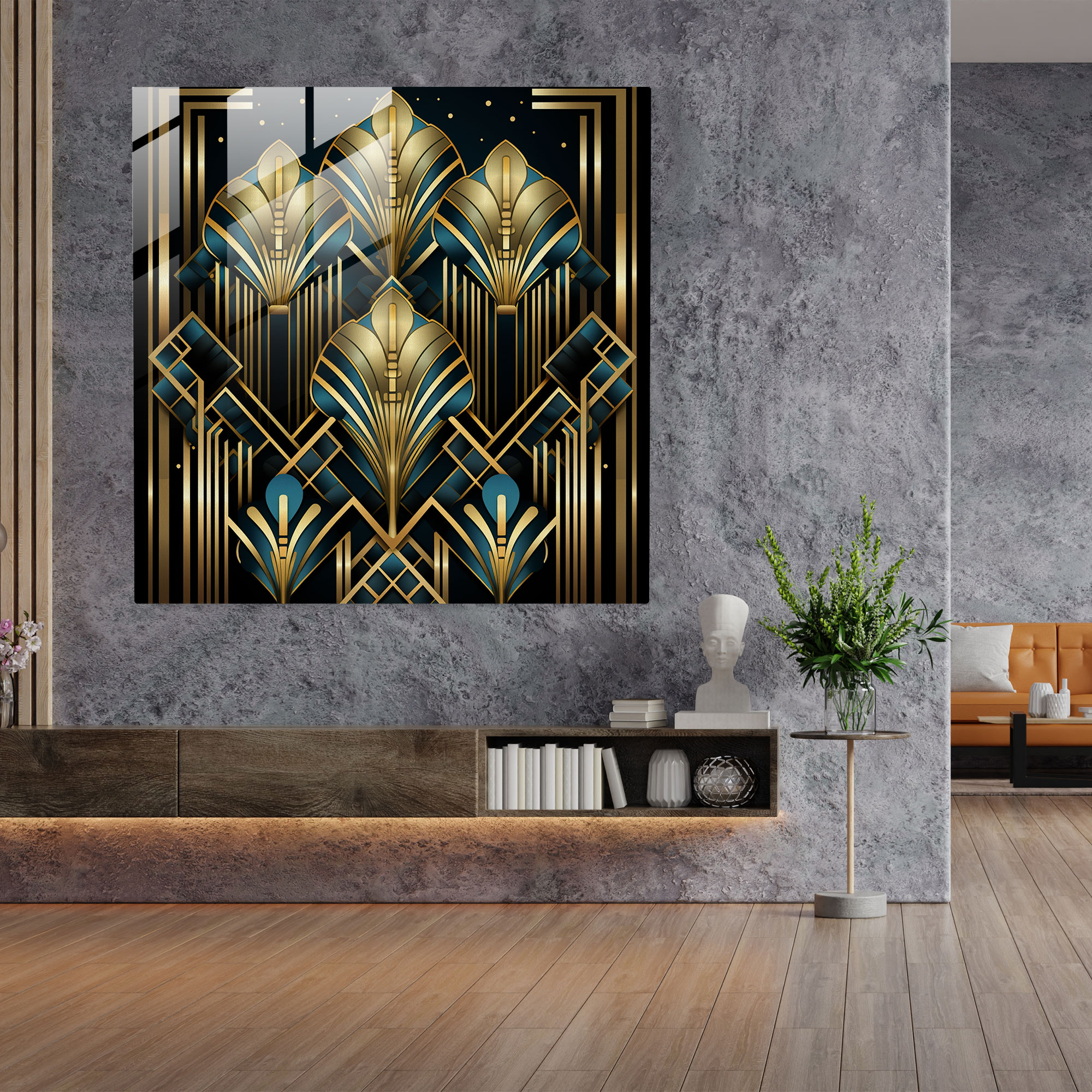 Opulent Glass Print: Art Deco Design - Intricate Pattern of Geometric Shapes and Luxurious Gold Accents - Glass Wall Art, Home Decoration, Wall Decor, Glass Art