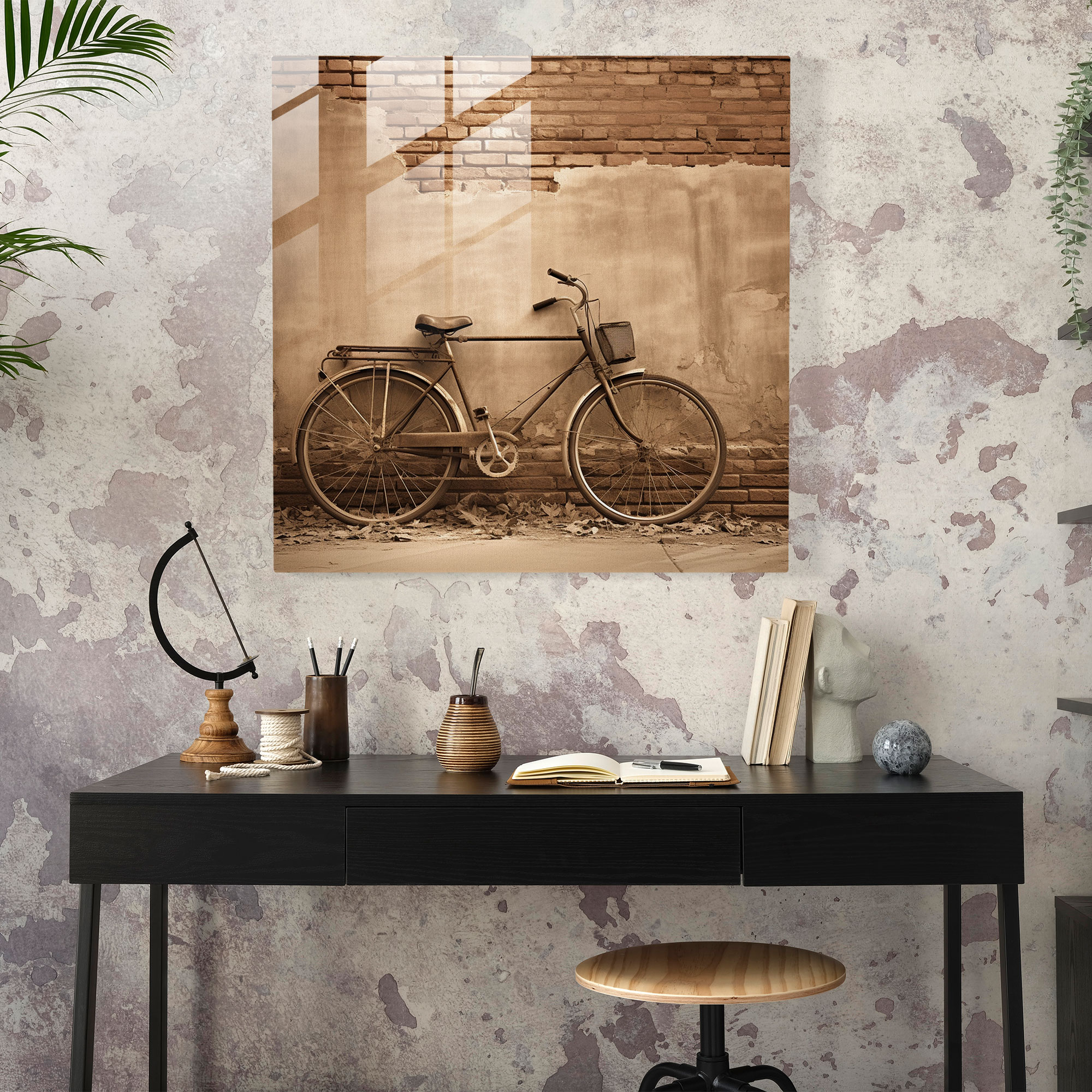 Timeless Bicycle Glass Print - Vintage Sepia Glass Wall Art