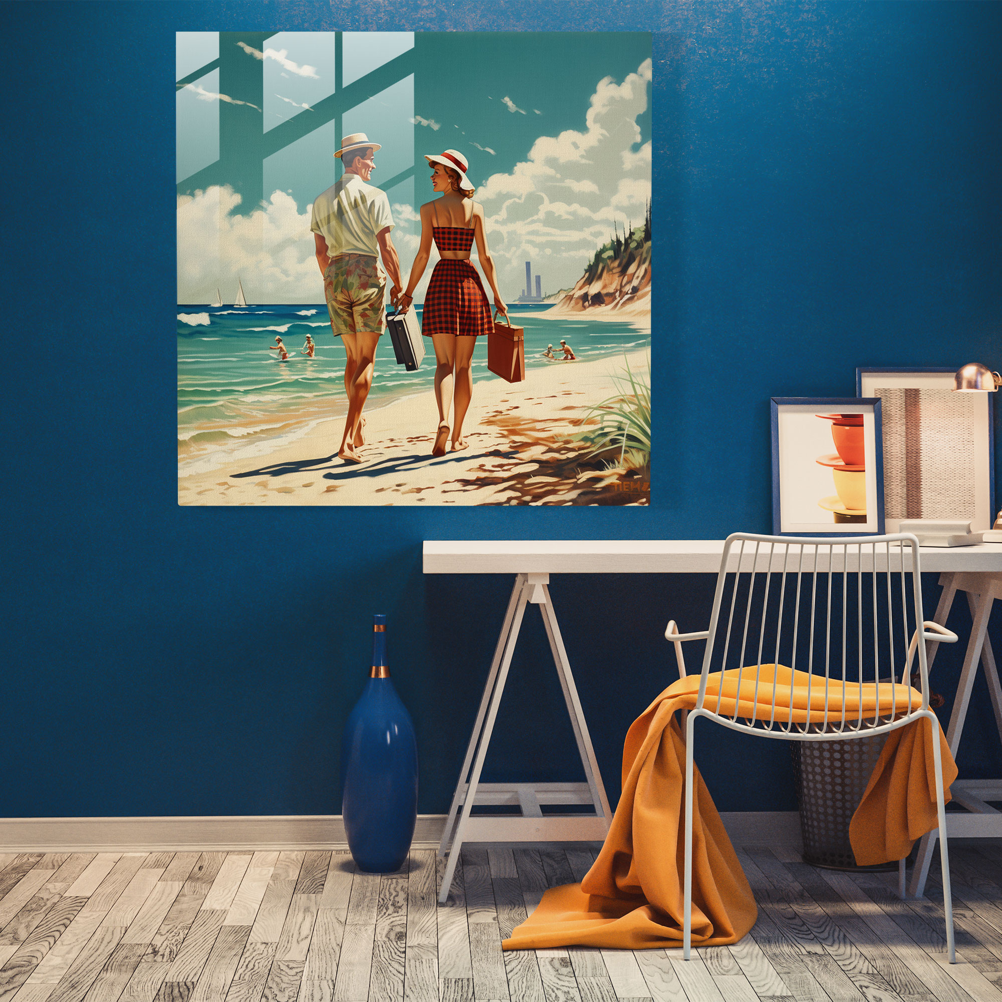 Serenity Retro Glass Print - Vintage Beachfront Glass Wall Art