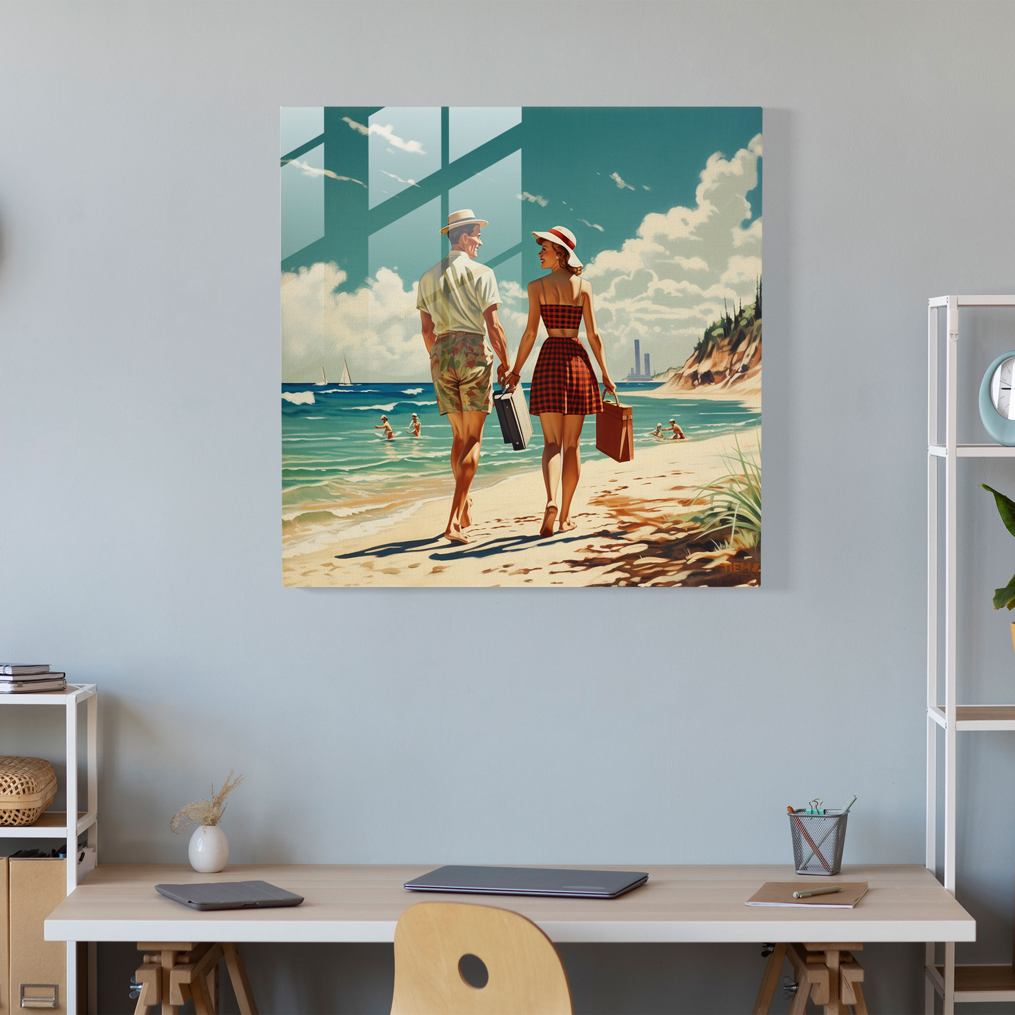 Serenity Retro Glass Print - Vintage Beachfront Glass Wall Art