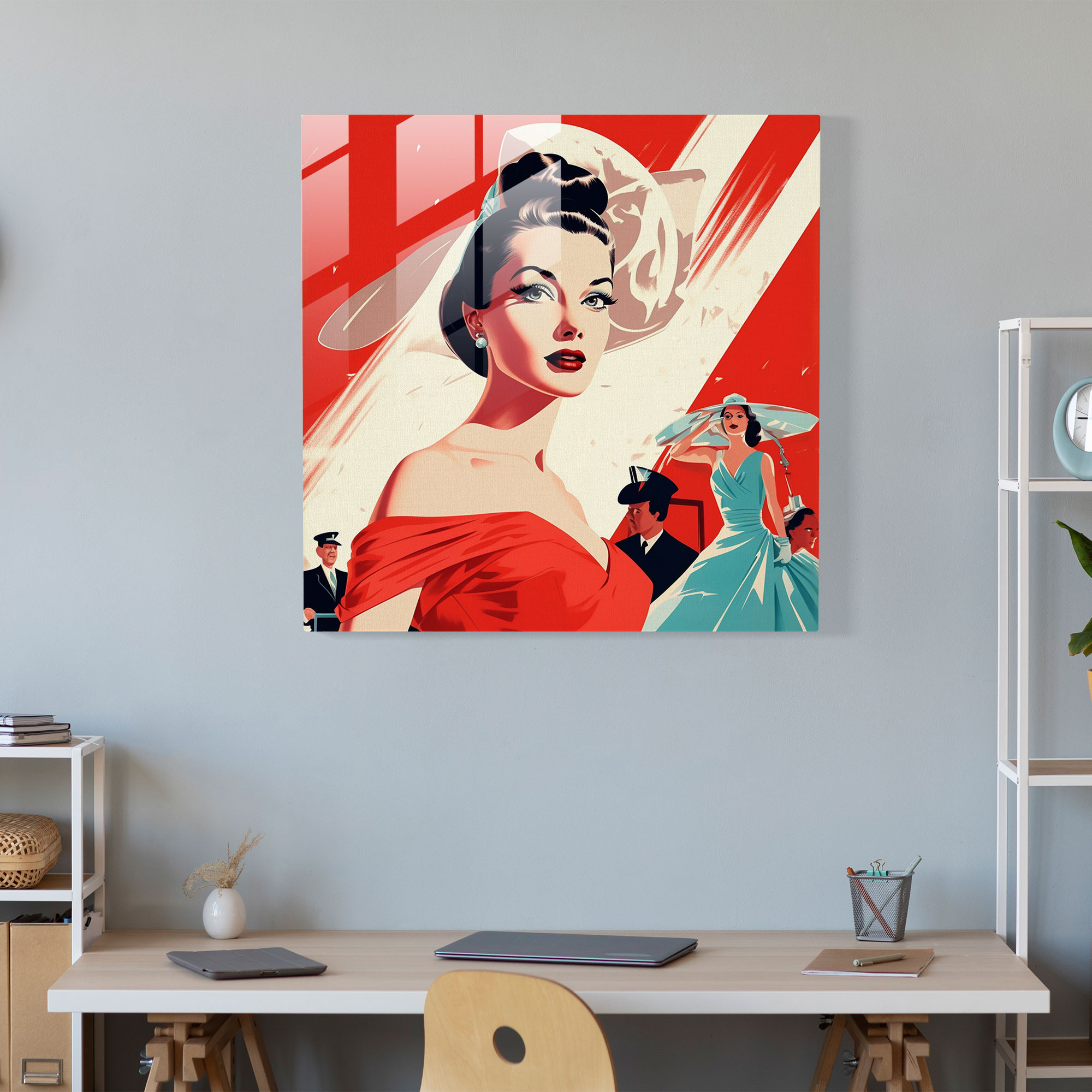Timeless Glamour Glass Print - Retro Fashion Illustration Glass Wall Art