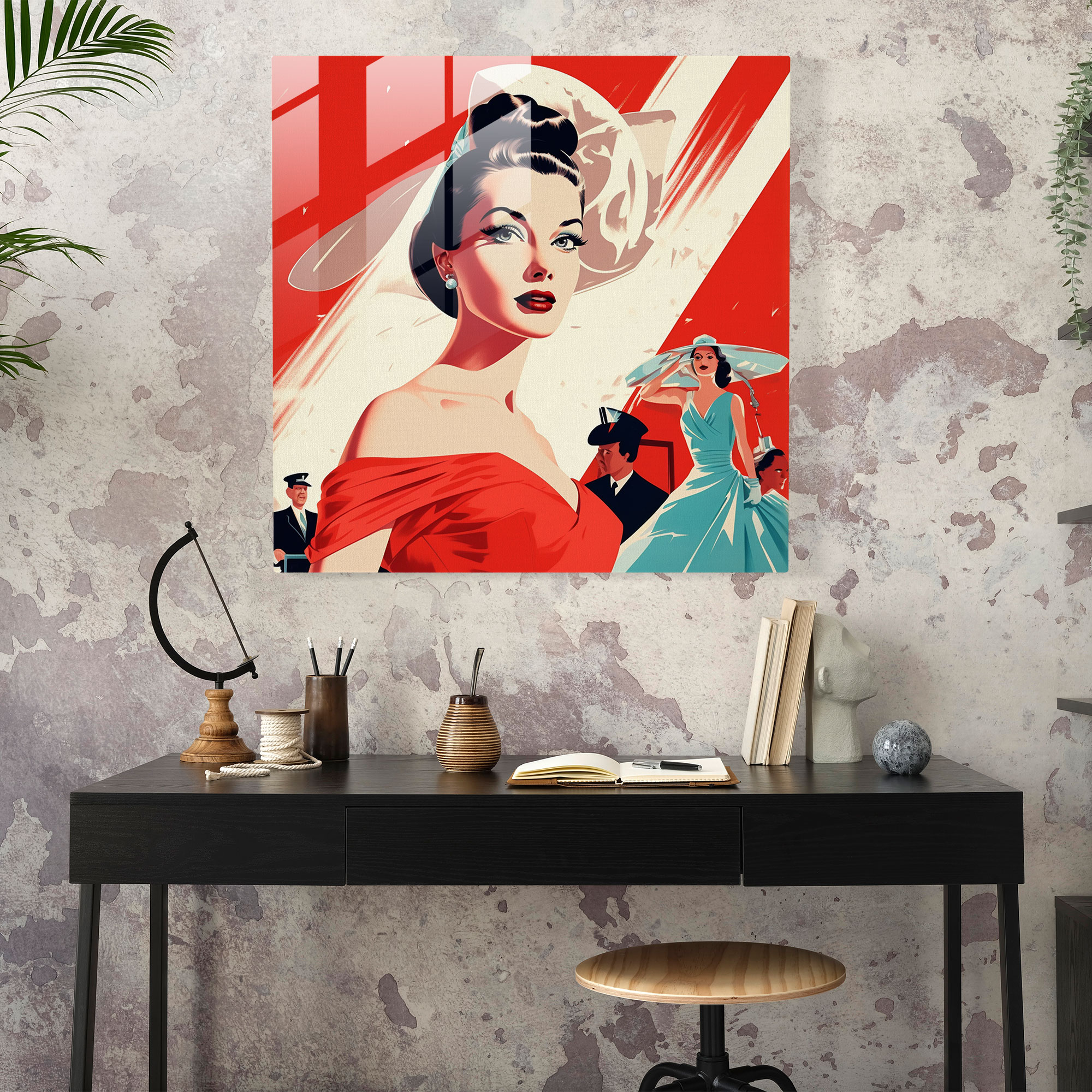 Timeless Glamour Glass Print - Retro Fashion Illustration Glass Wall Art