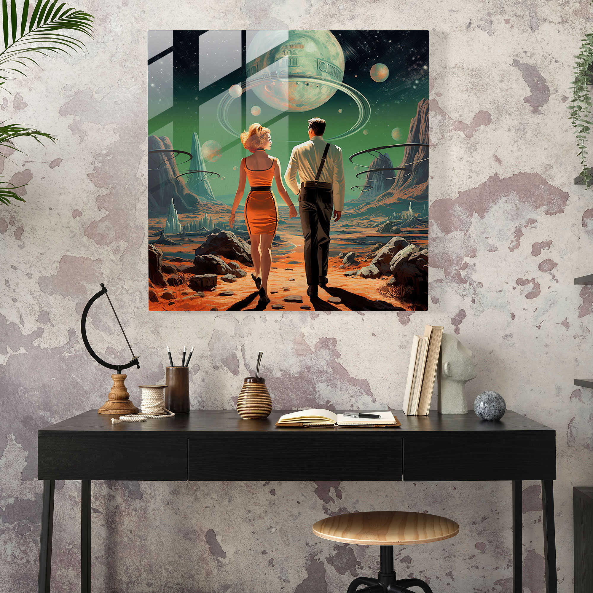 Cosmic Retro Glass Print - Retro Sci-Fi Glass Wall Art
