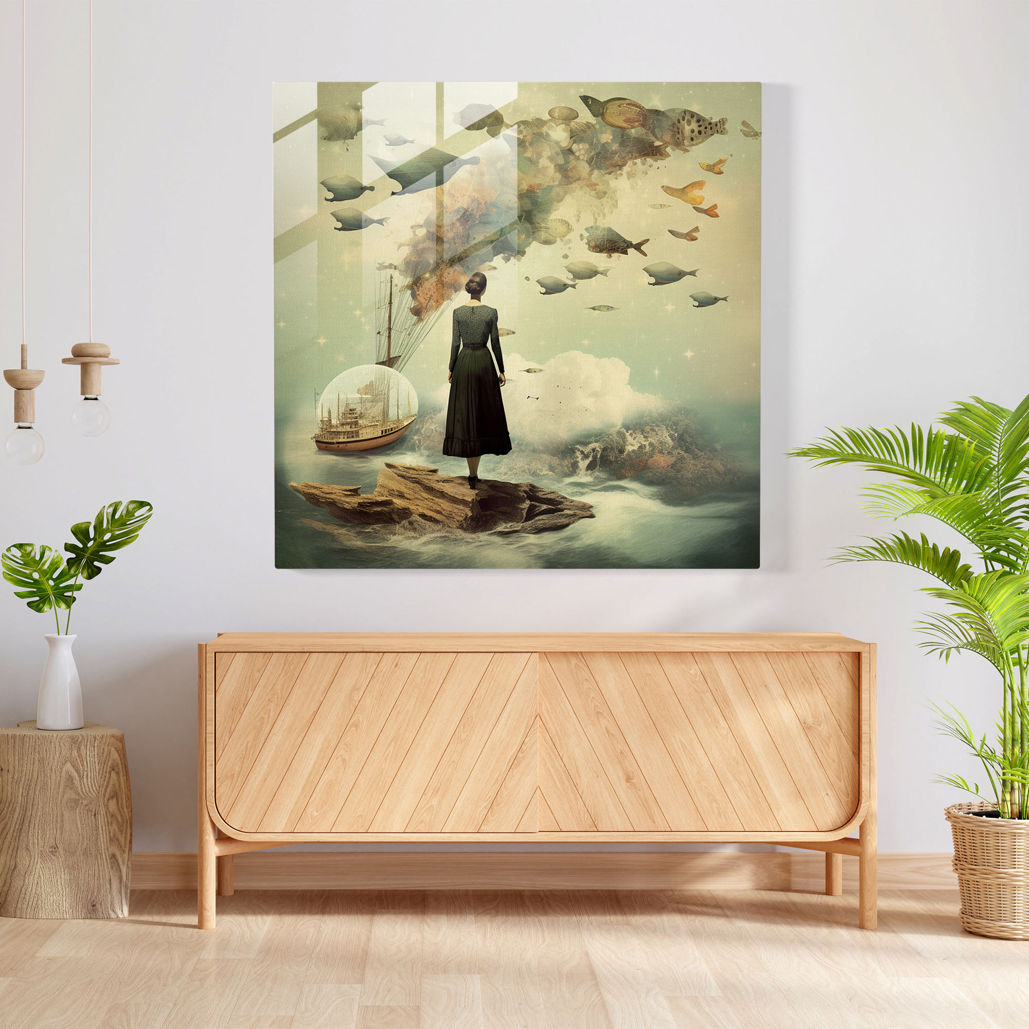 Whimsical Surreal Glass Print: Vintage Collage Wall Art