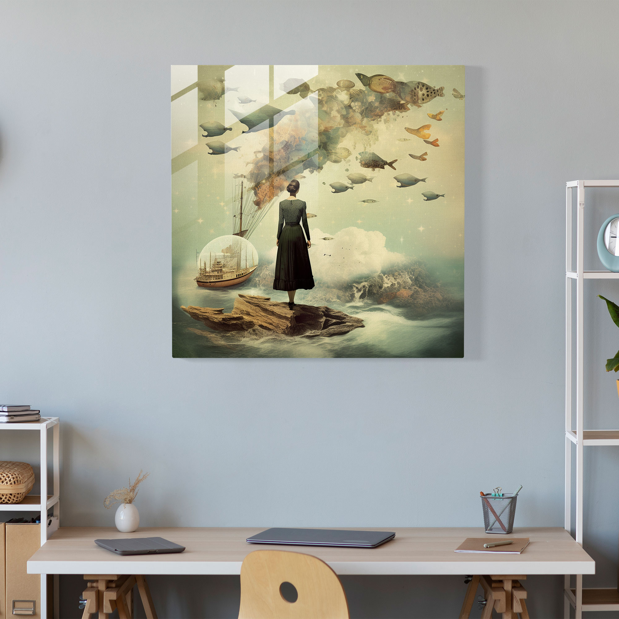 Whimsical Surreal Glass Print: Vintage Collage Wall Art